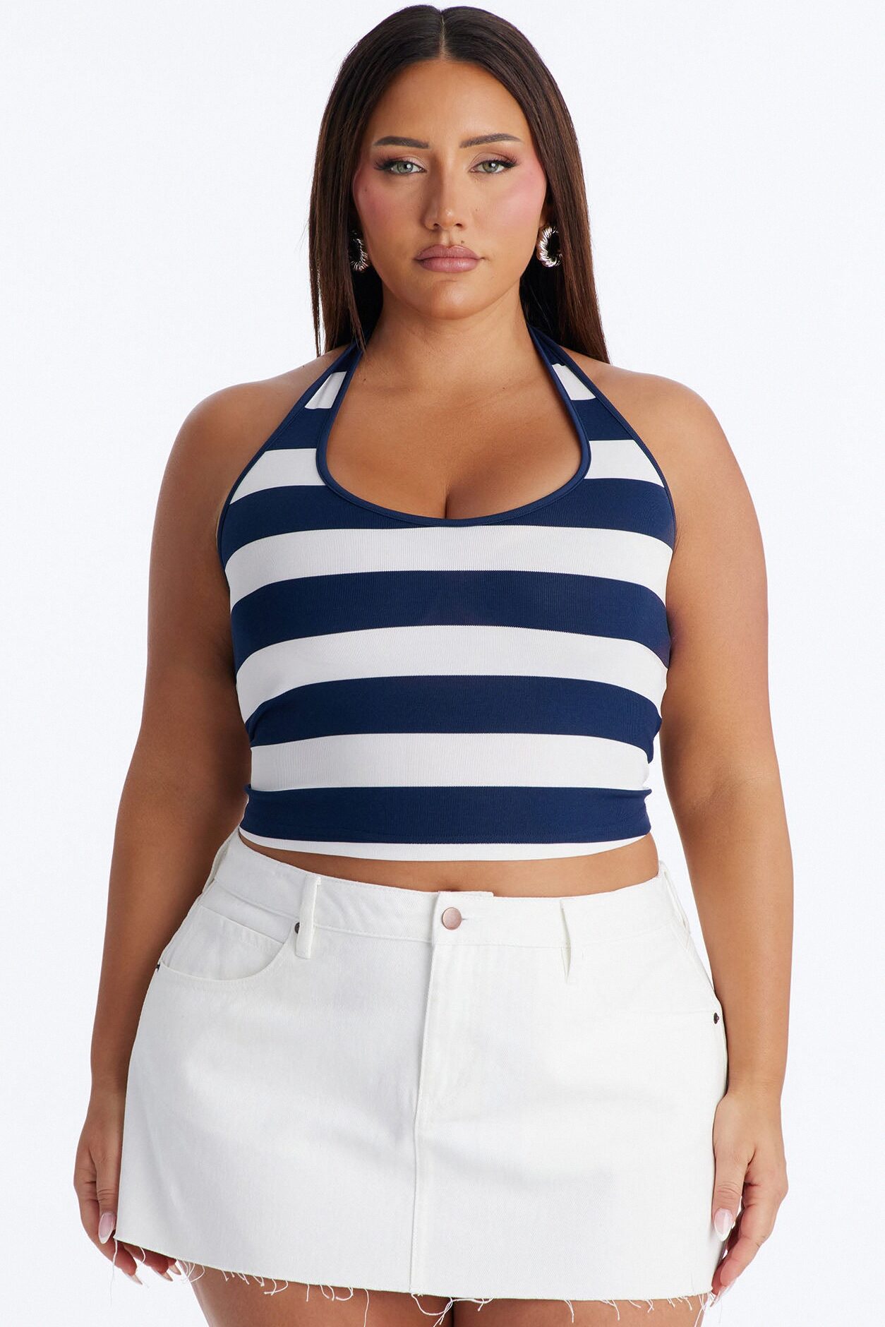 Harbor Babe Striped Scoop Neck Halter Top - Navy/combo