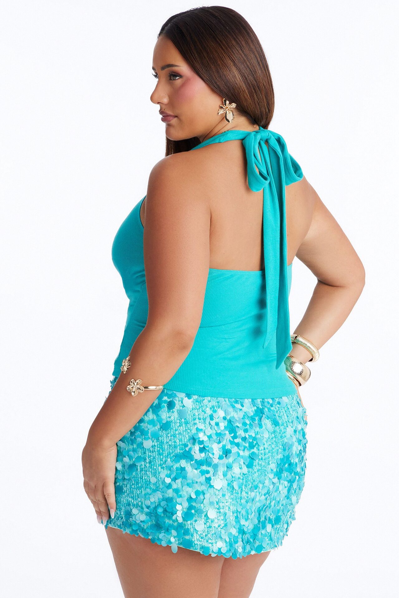 Haley Hardware Ruched Ribbed Halter Top - Blue