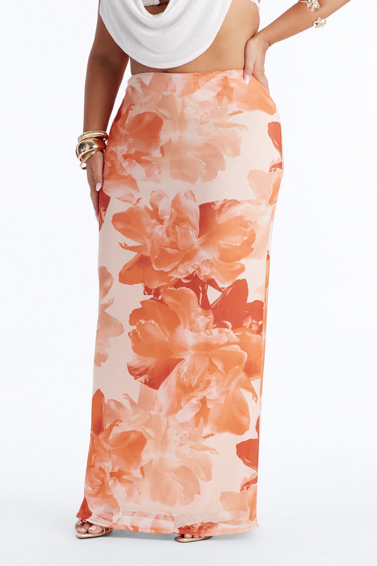 Midnight Bloom Mesh Maxi Skirt - Orange/combo