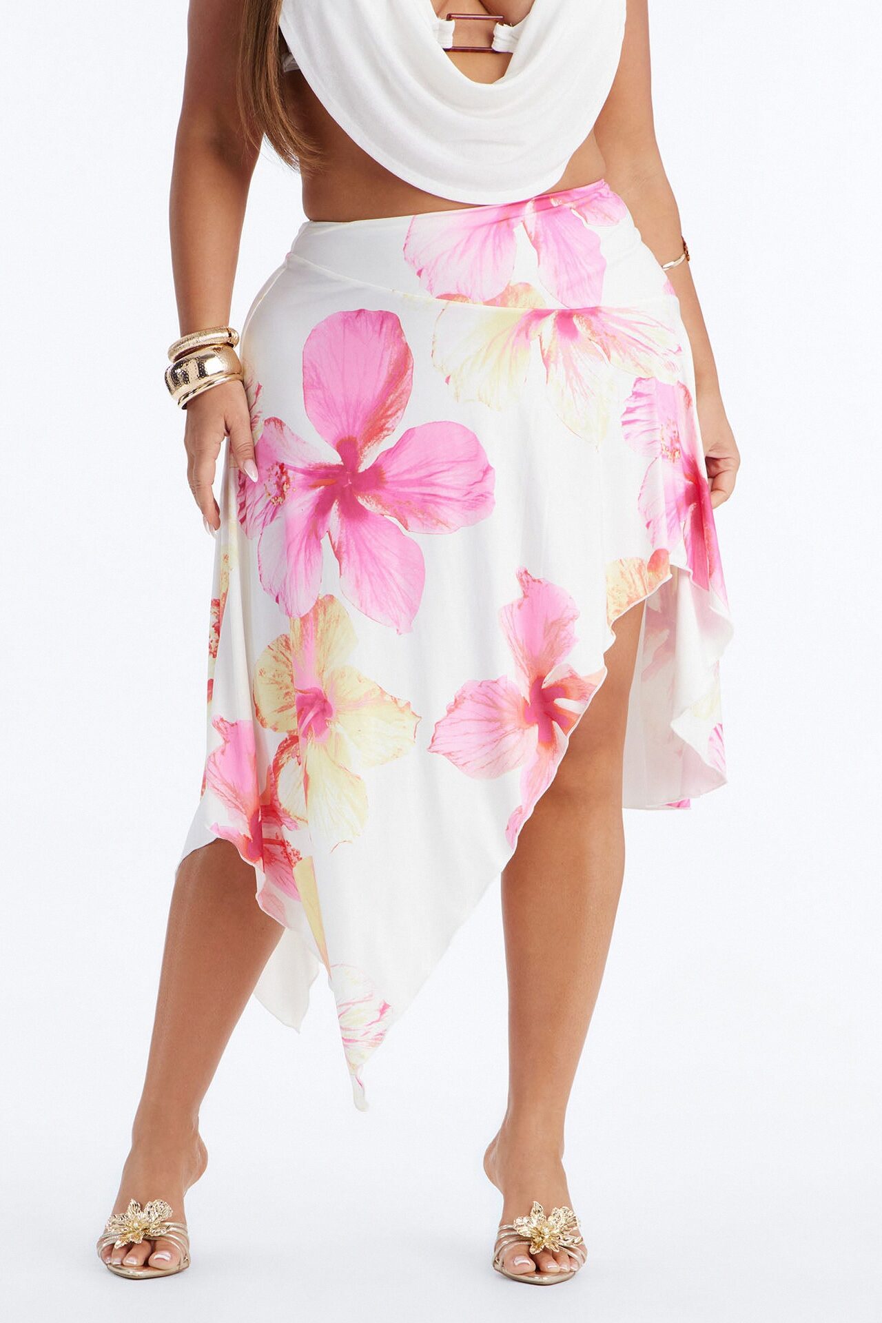 Valeria Mid Rise High Low Midi Skirt - Pink/combo