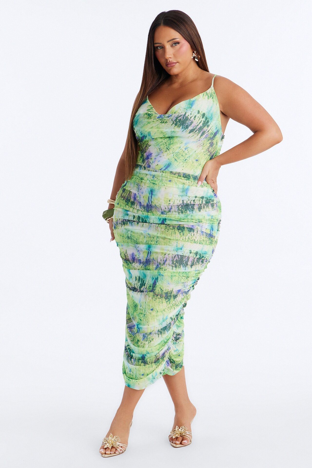 Adelina Ruched Mesh Midi Dress - Green/combo