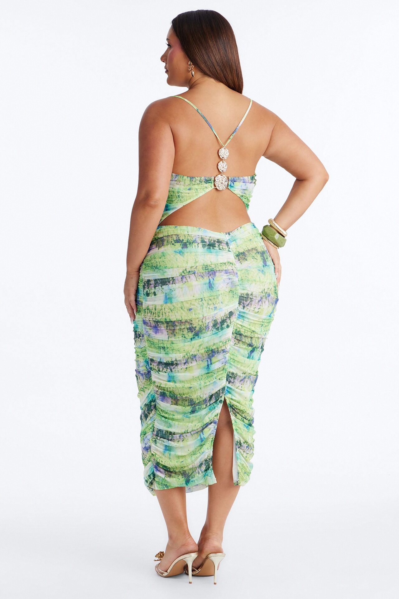 Adelina Ruched Mesh Midi Dress - Green/combo