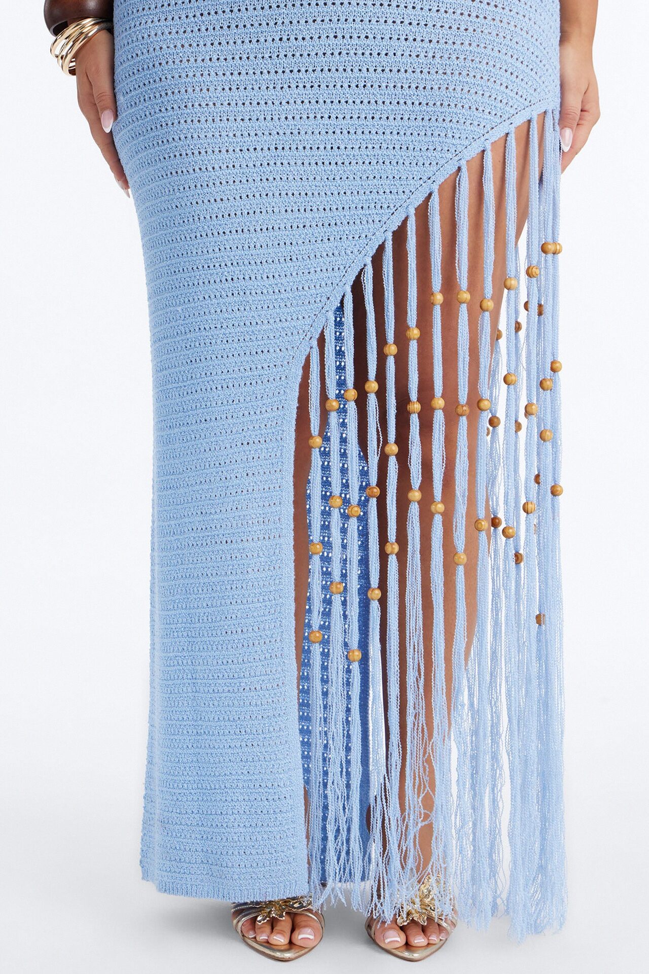 Vacation Vixen Fringe Crochet Maxi Dress - Light Blue
