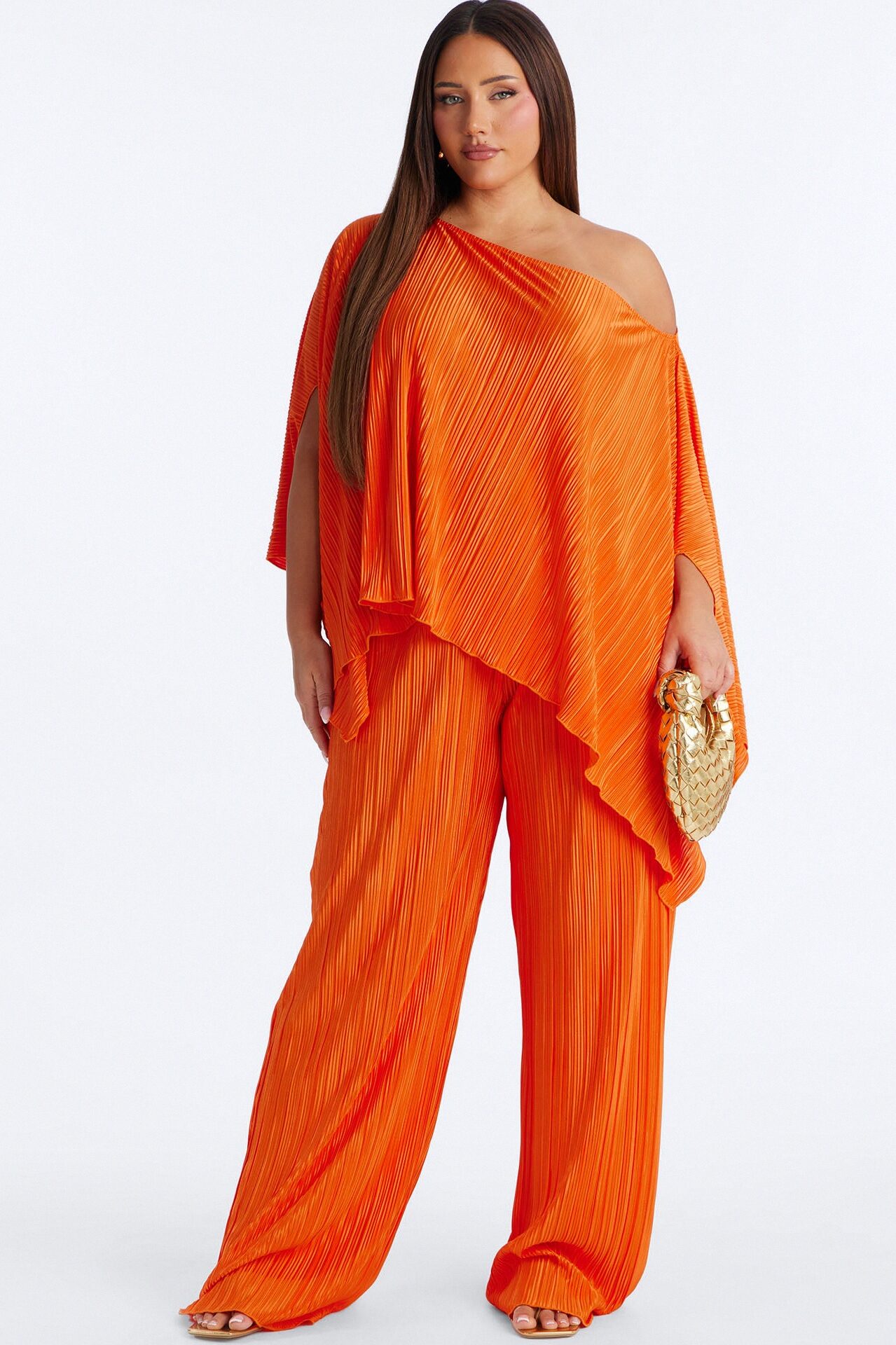On The Horizon Off Shoulder Plisse Pant Set - Orange
