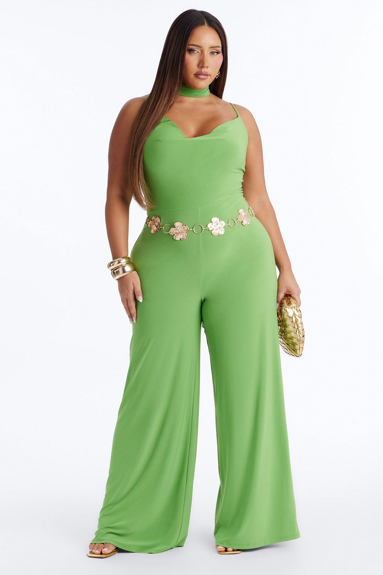 Maliyah Draped Scarf Wide Leg Jumpsuit - Green