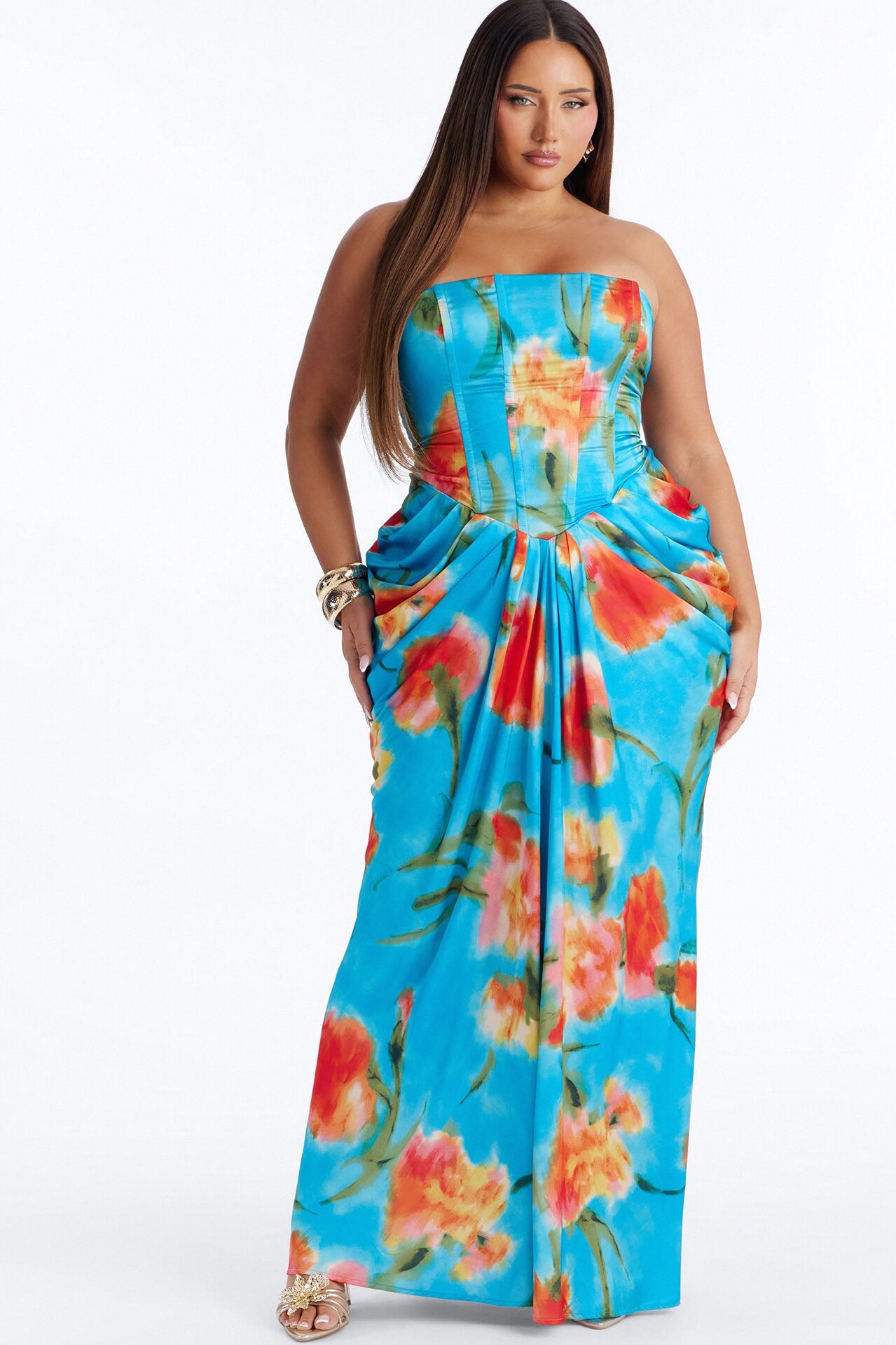 Nylah Corset Tie Dye Satin Maxi Dress - Blue/combo