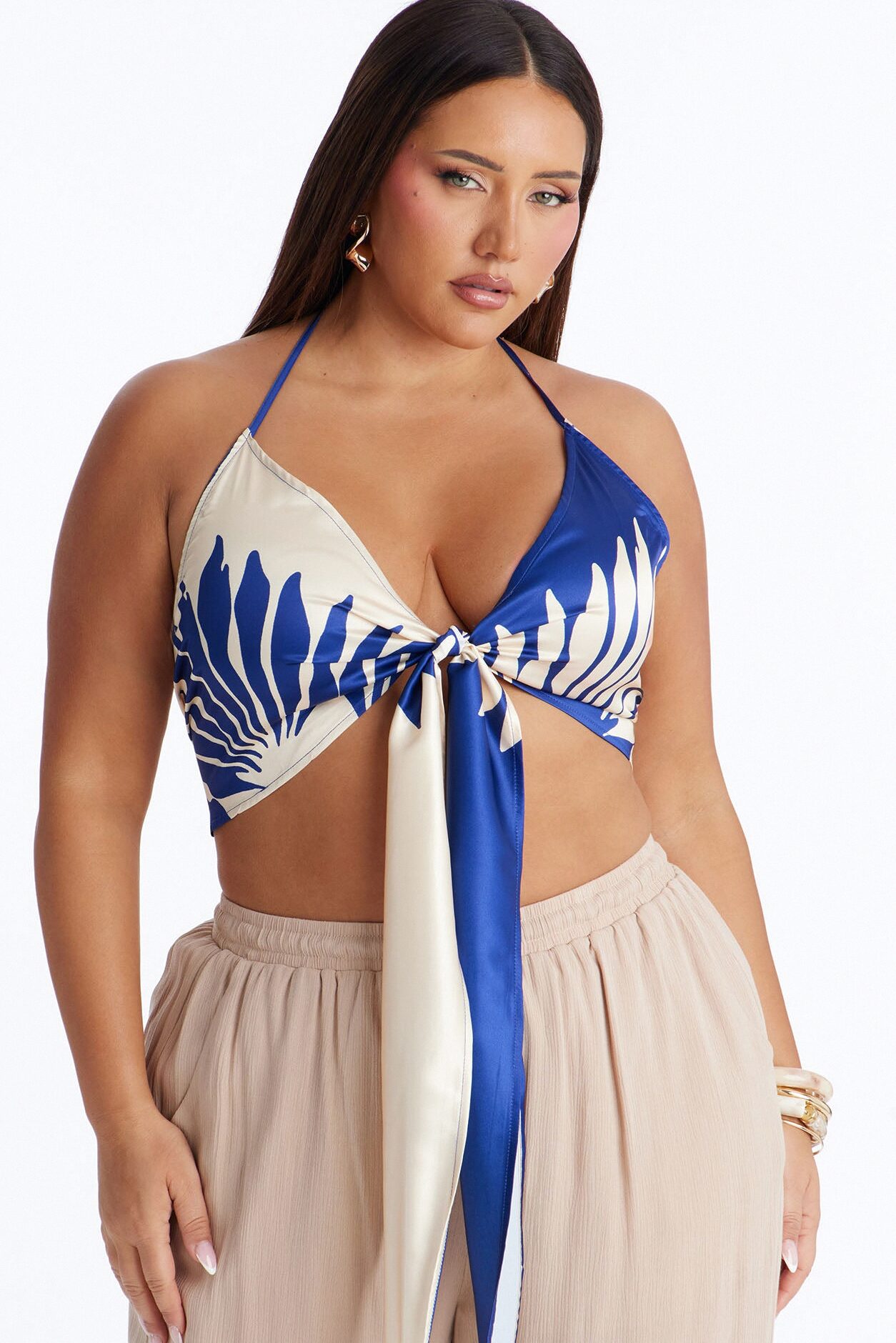 Tropical Cutie Satin Halter Top - Blue/combo