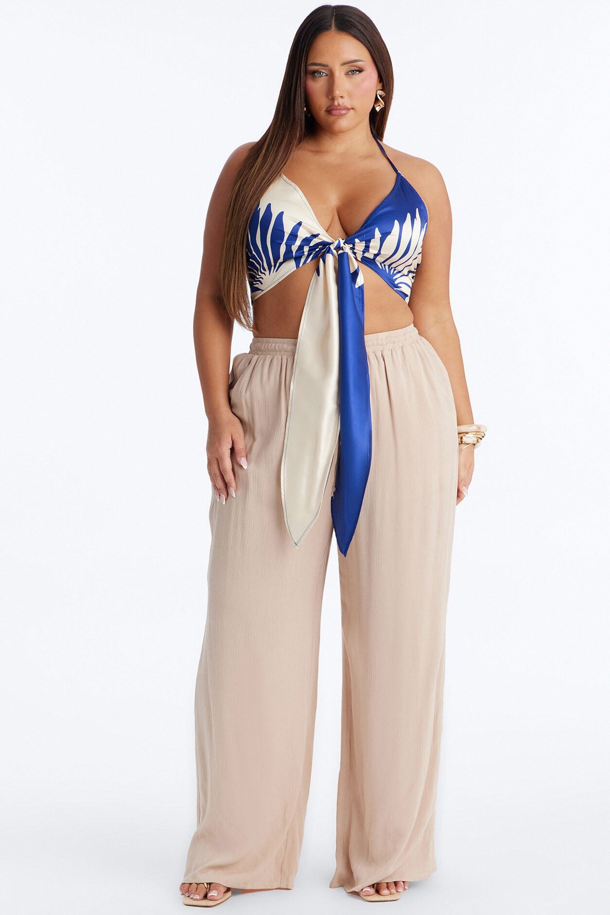 Tropical Cutie Satin Halter Top - Blue/combo