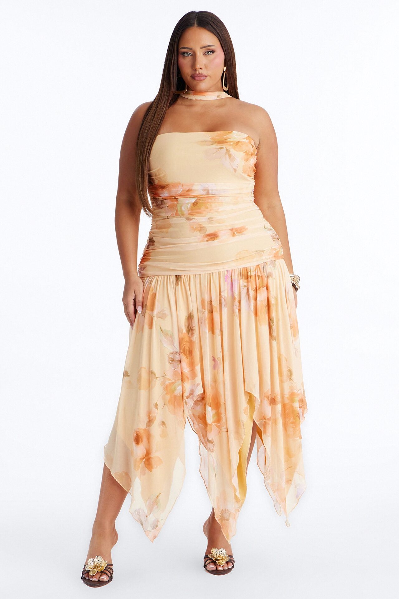 Delaney Floral Mesh Midi Dress - Orange