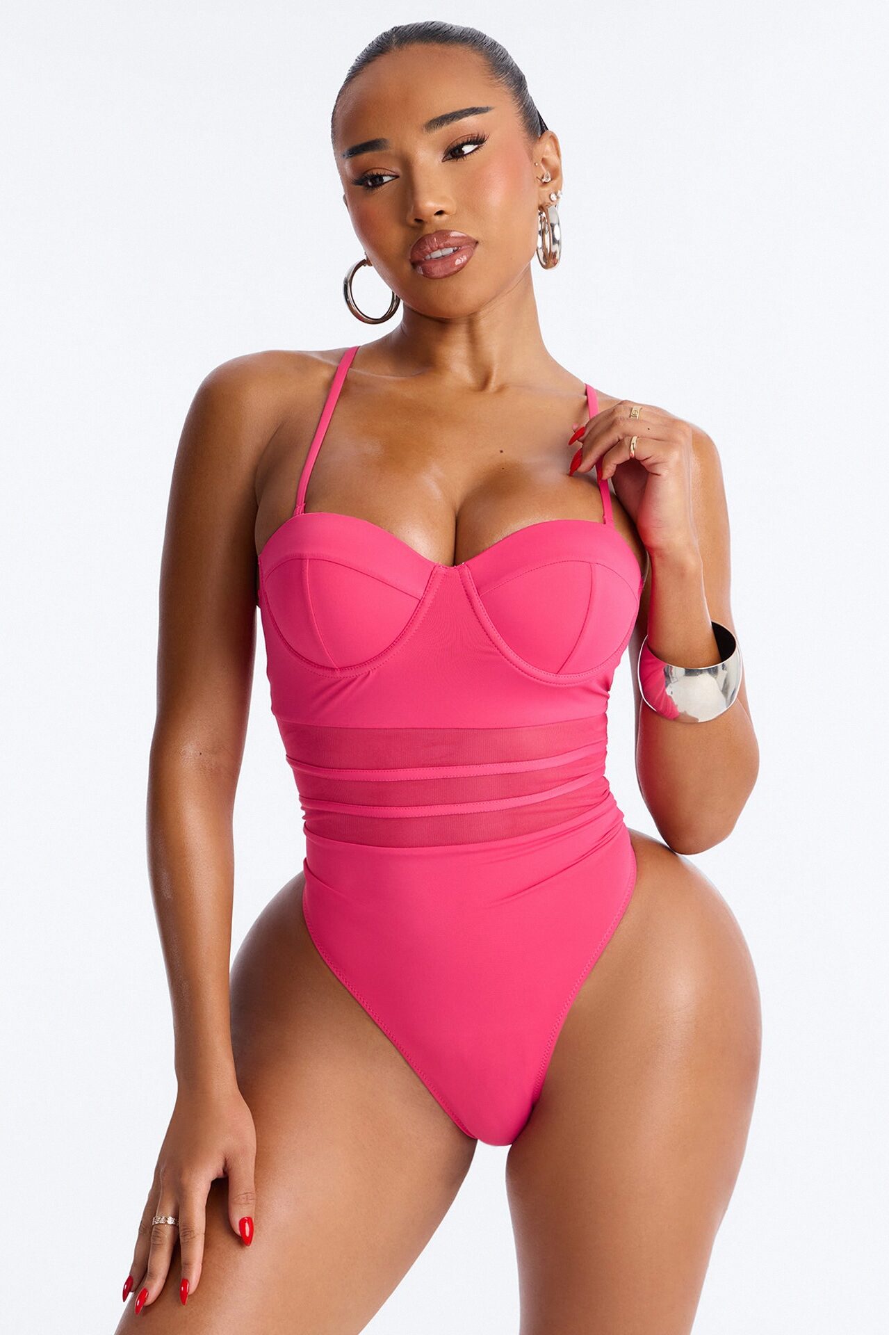 Pier Pressure Underwire Mesh Cutout 1 Piece Swimsuit - Hot Pink