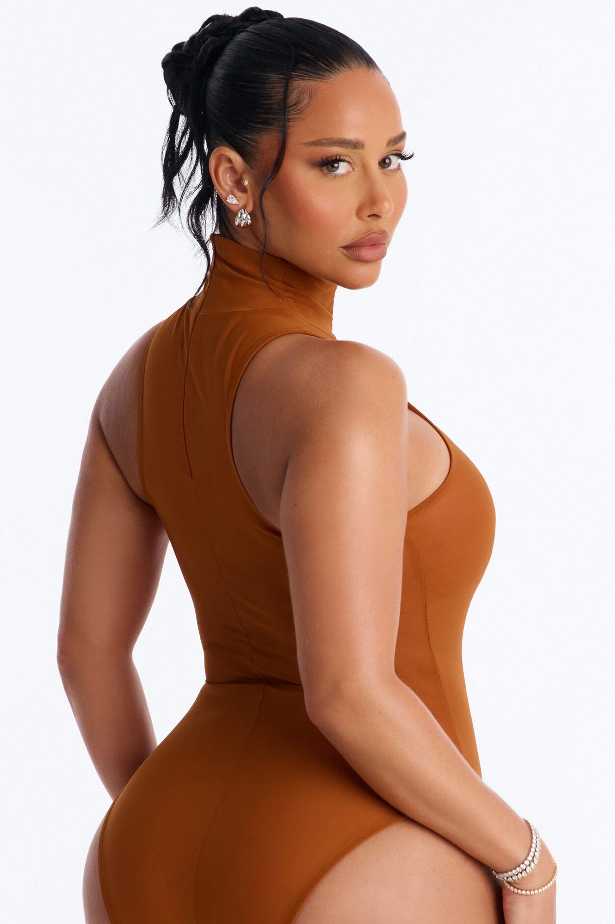 Power Mesh Turtle Neck Sleeveless Bodysuit - Copper