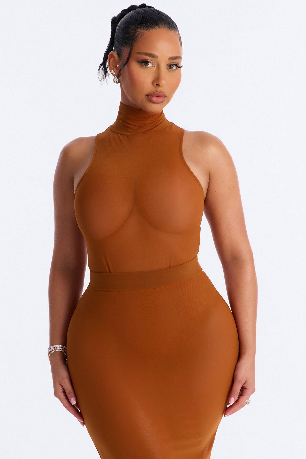 Power Mesh Turtle Neck Sleeveless Bodysuit - Copper