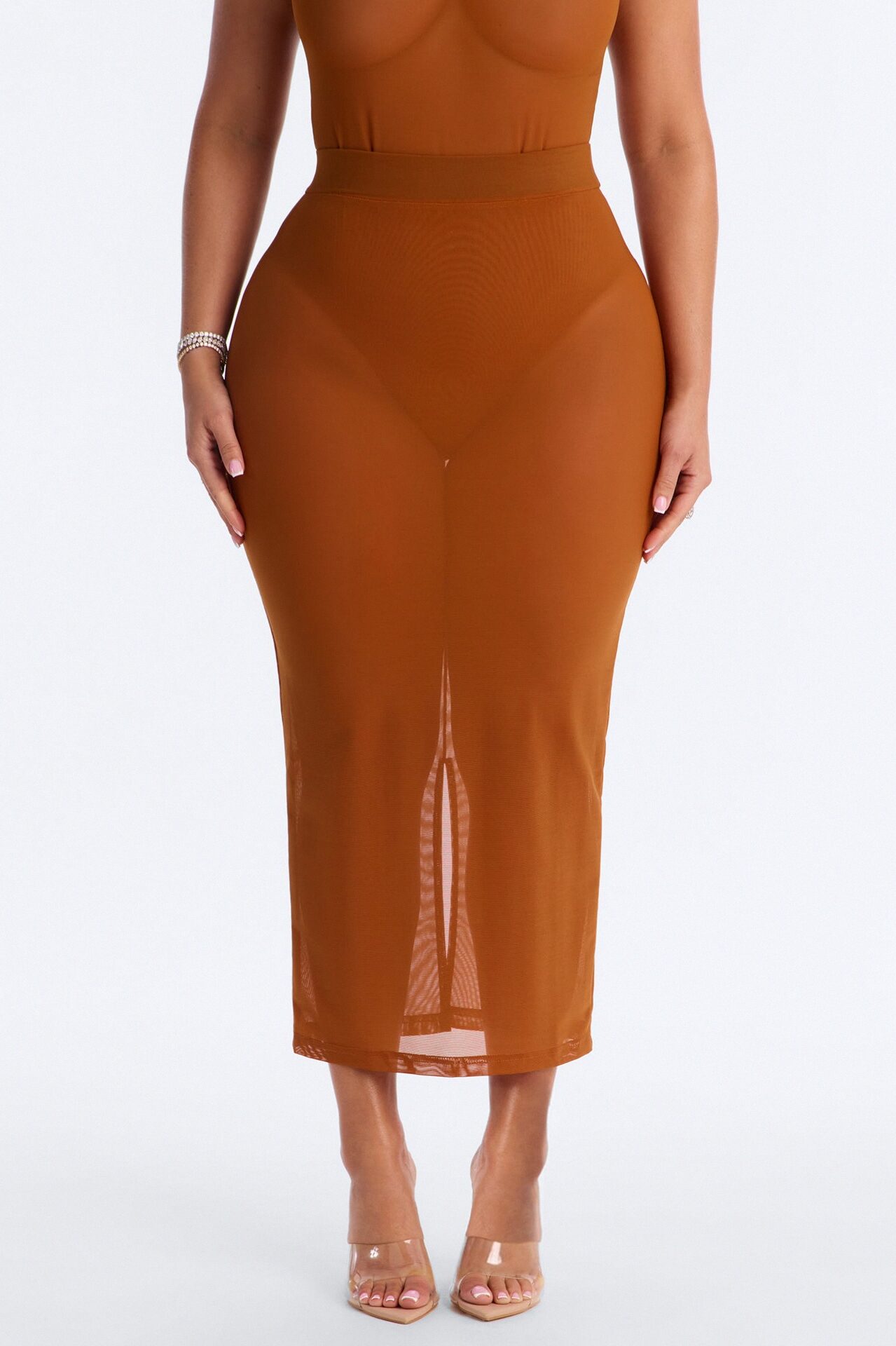 Power Mesh Midi Pencil Skirt - Copper