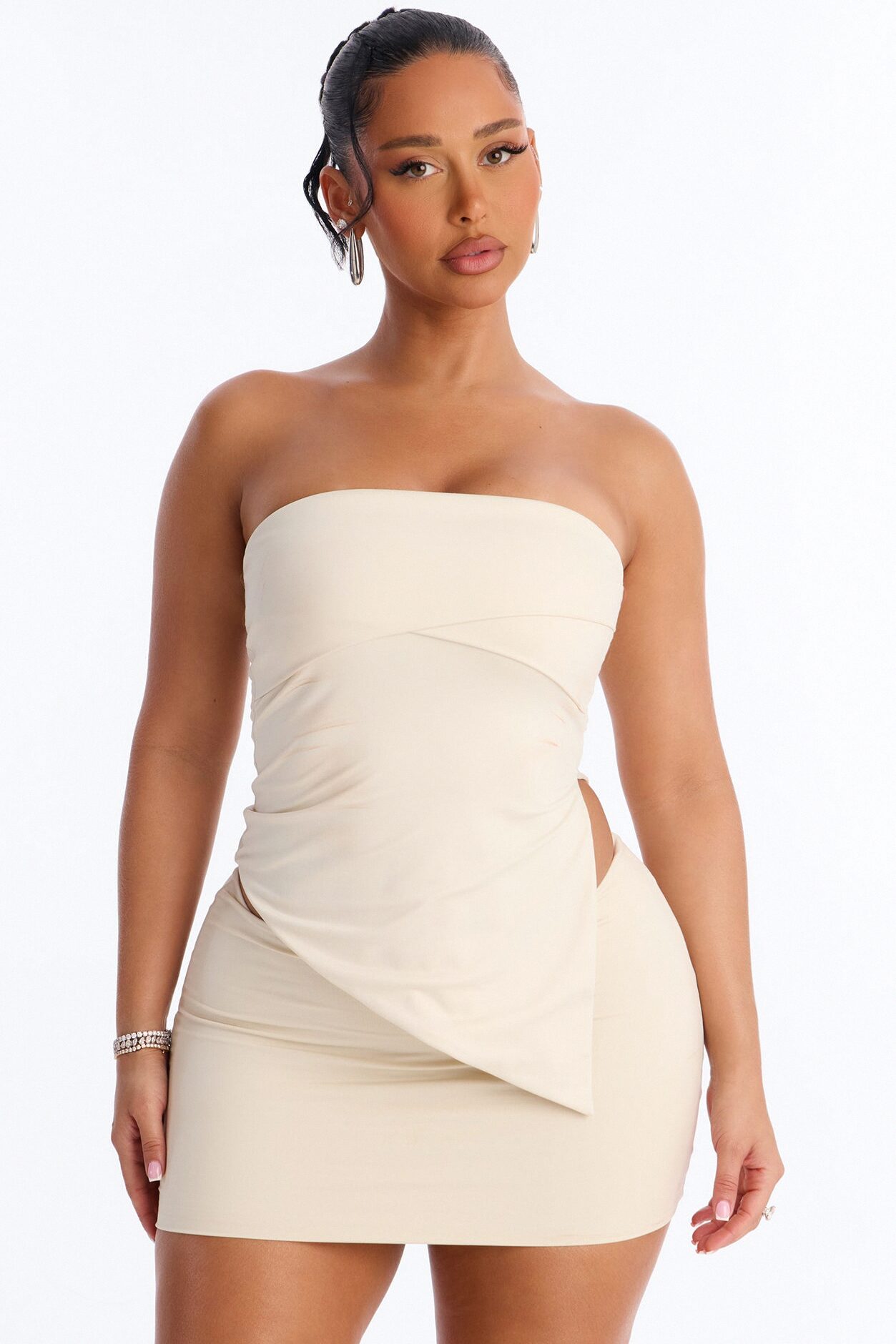 Contour Double Lined Asymmetrical Split Tube Top - Bone