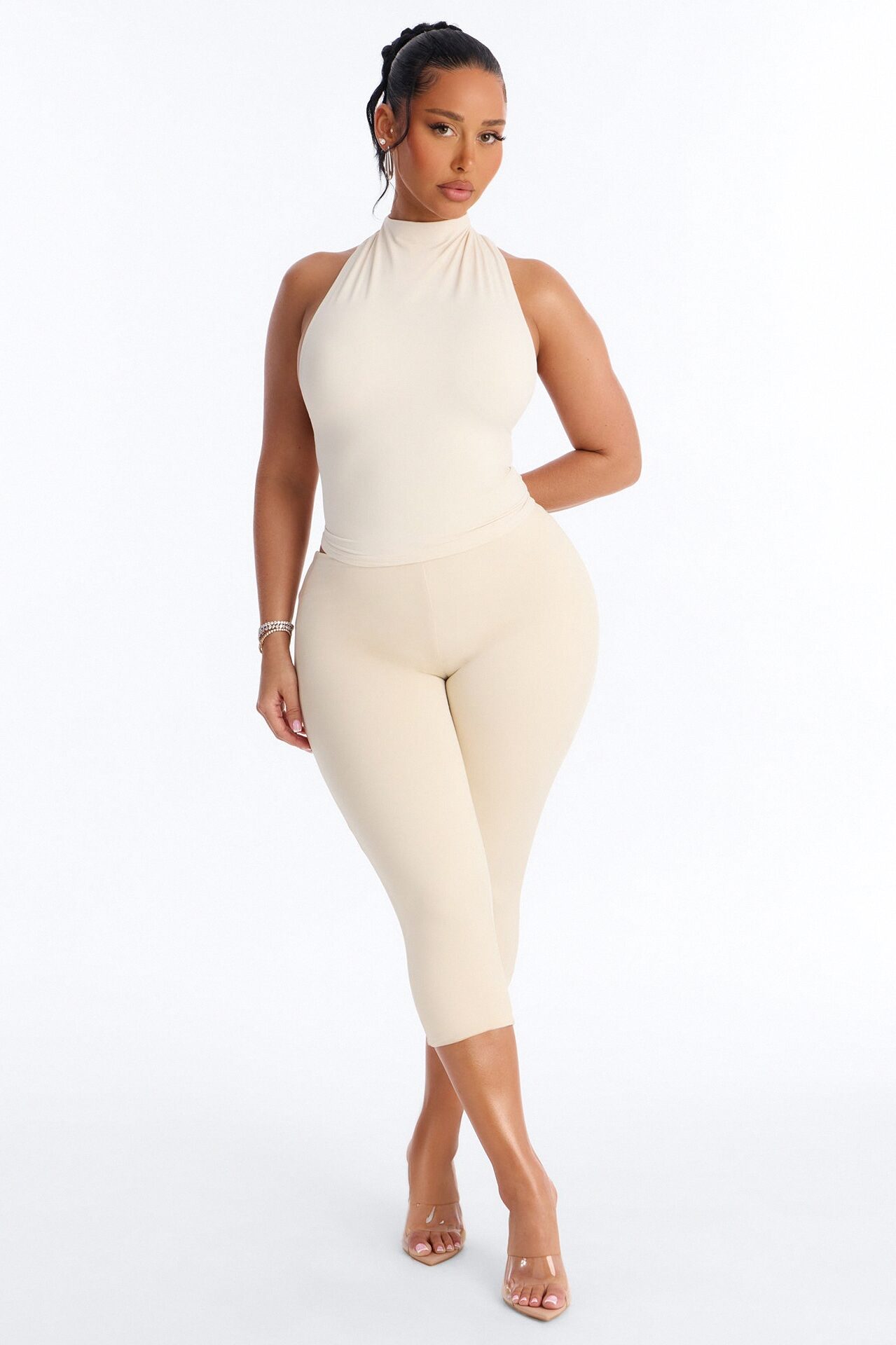 Second Skin Double Lined Mock Neck Racerback Top - Bone