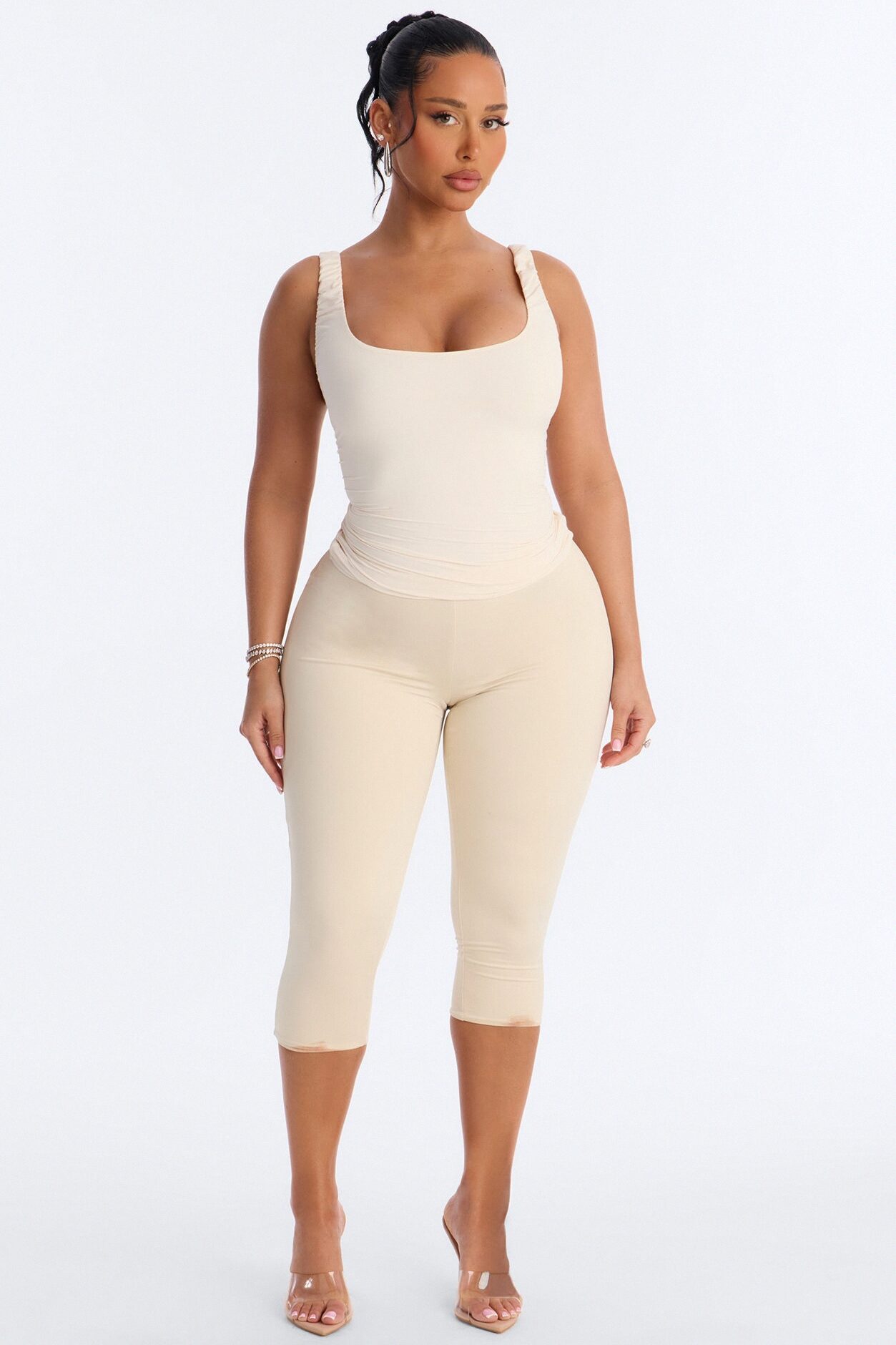Second Skin Double Lined Scoop Neck Ruched Sleeveless Top - Bone