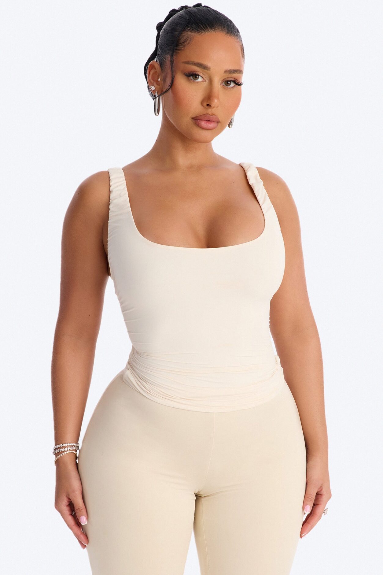 Second Skin Double Lined Scoop Neck Ruched Sleeveless Top - Bone