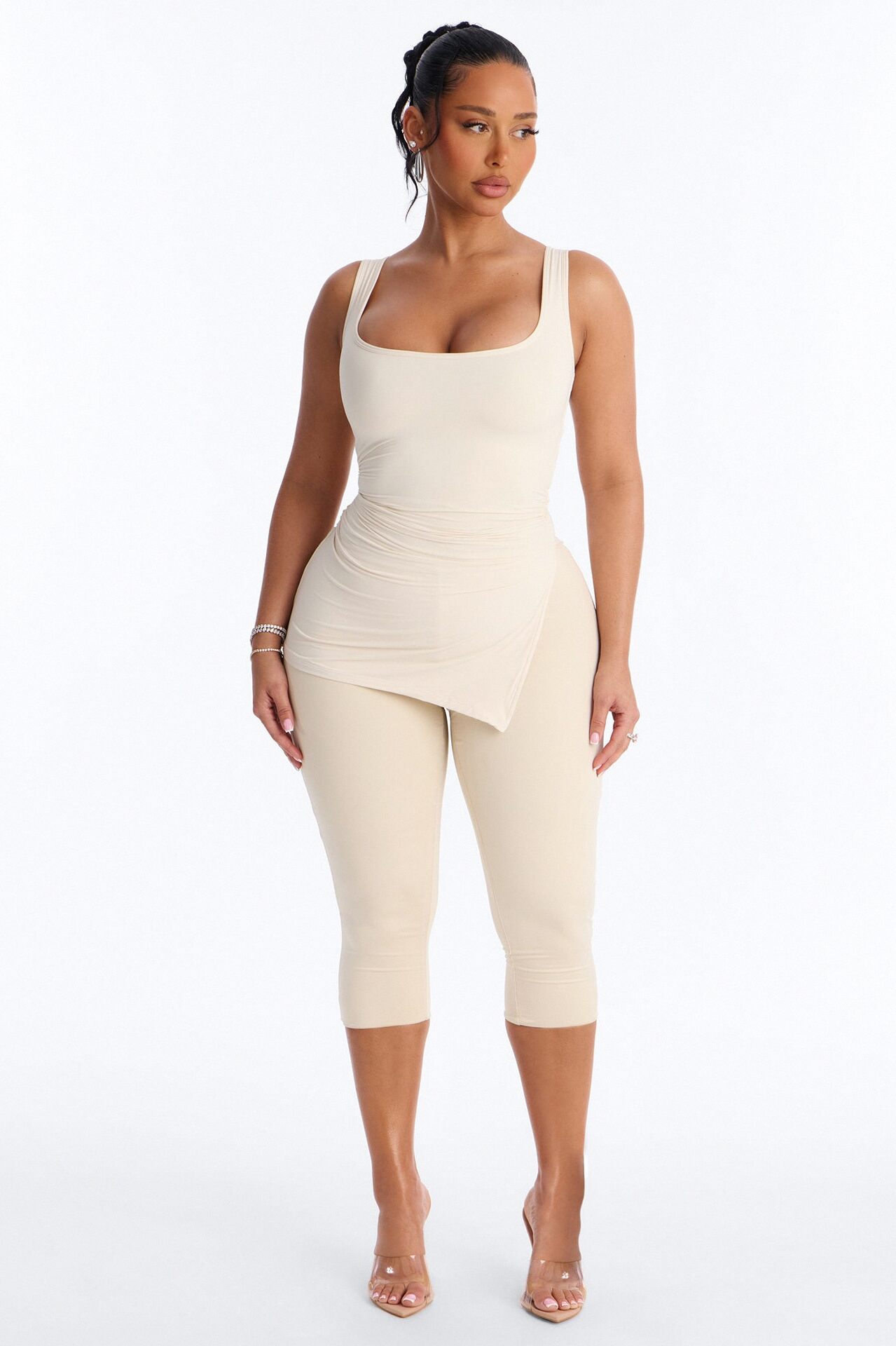 Second Skin Double Line Asymmetrical Ruched Tank Top - Bone