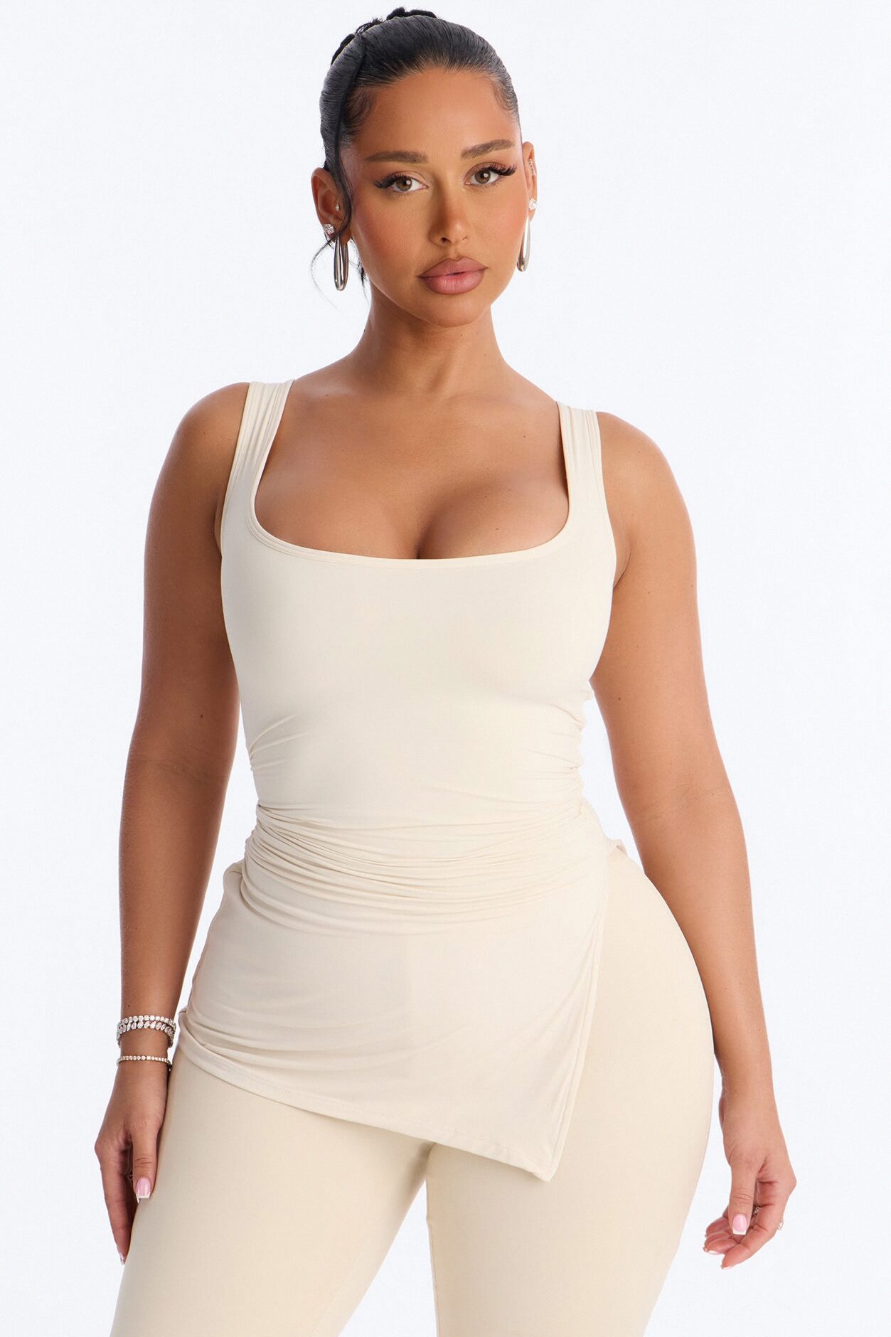 Second Skin Double Line Asymmetrical Ruched Tank Top - Bone