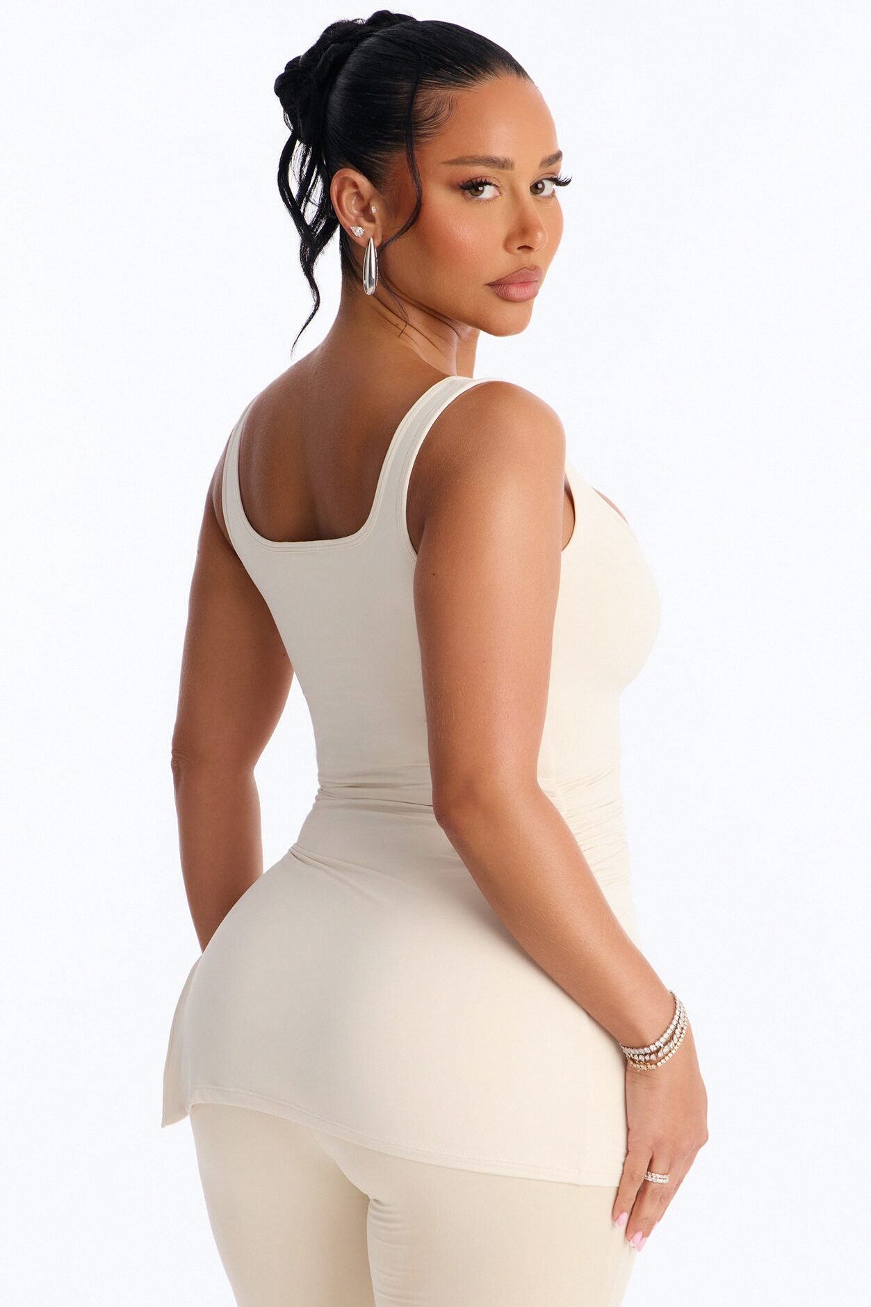 Second Skin Double Line Asymmetrical Ruched Tank Top - Bone
