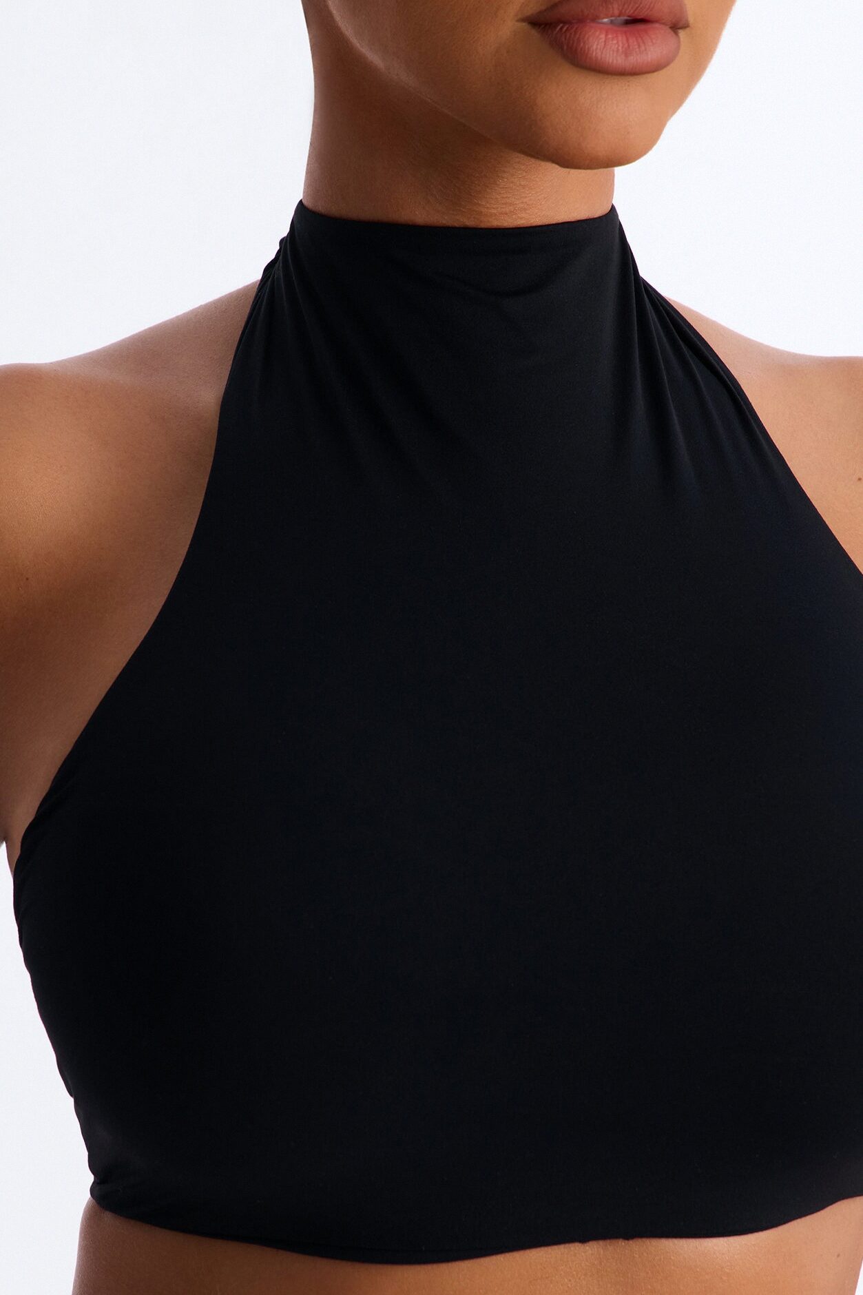 Second Skin Padded Backless Mock Neck Halter Top - Black