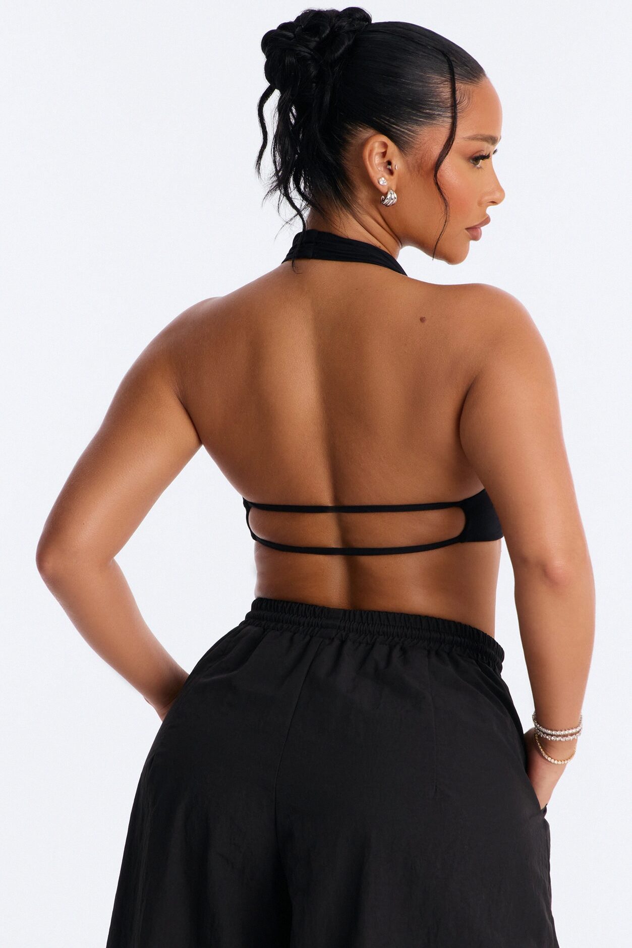 Second Skin Padded Backless Mock Neck Halter Top - Black