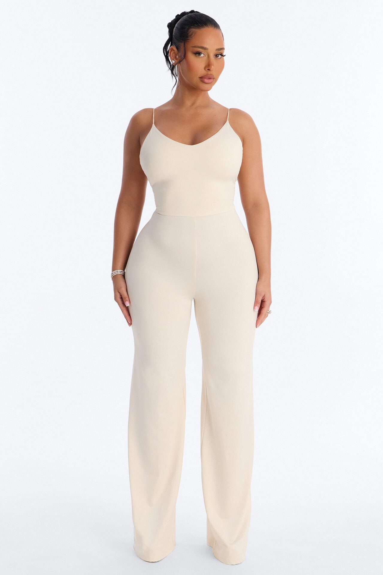 Contour Double Lined Spaghetti Strap Scoop Neck Jumpsuit - Bone