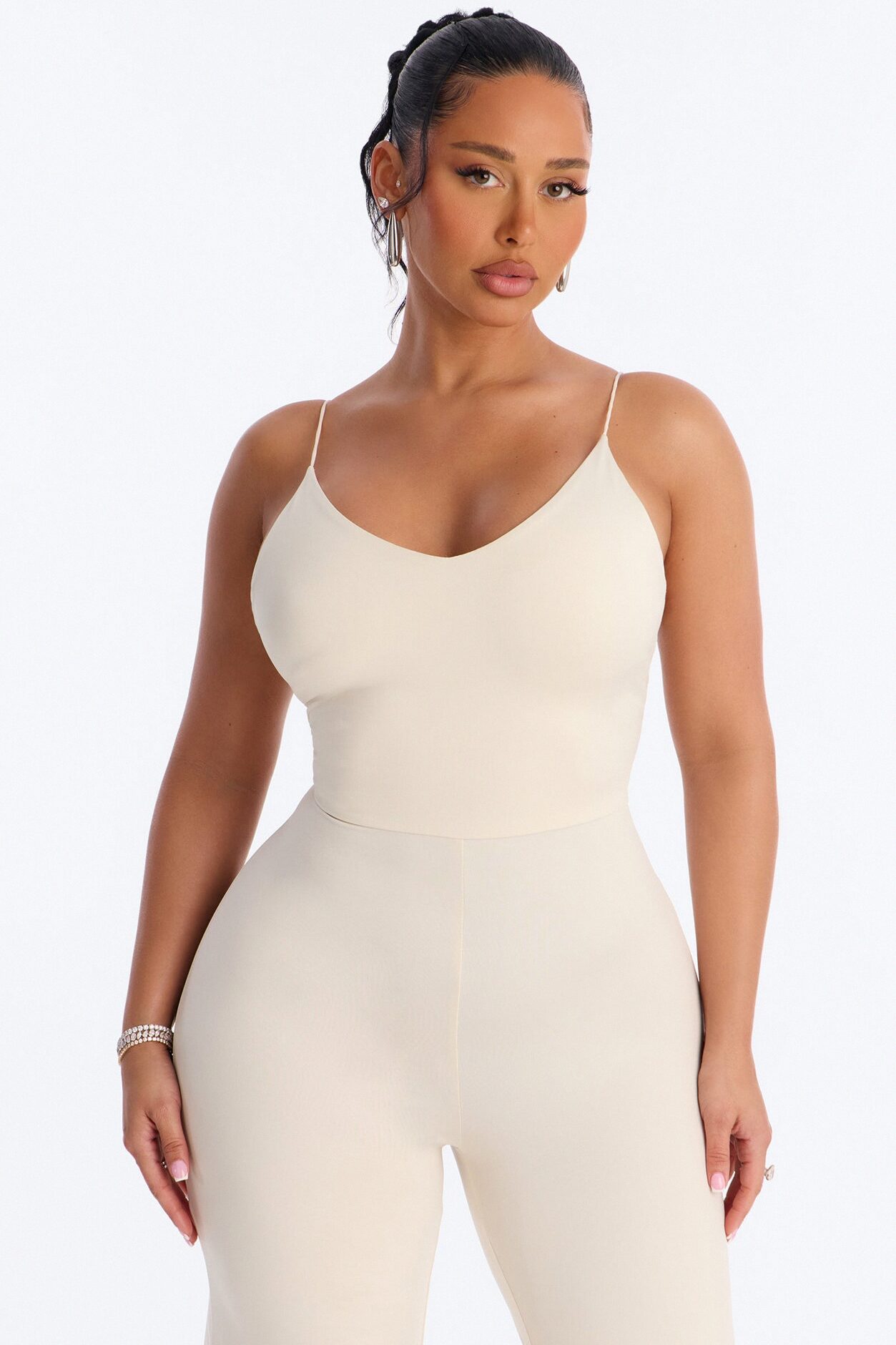 Contour Double Lined Spaghetti Strap Scoop Neck Jumpsuit - Bone