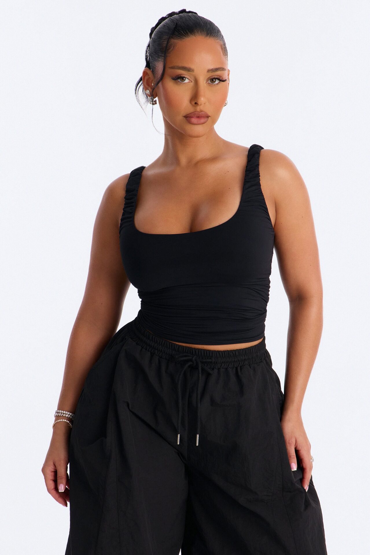 Second Skin Double Lined Scoop Neck Ruched Sleeveless Top - Black