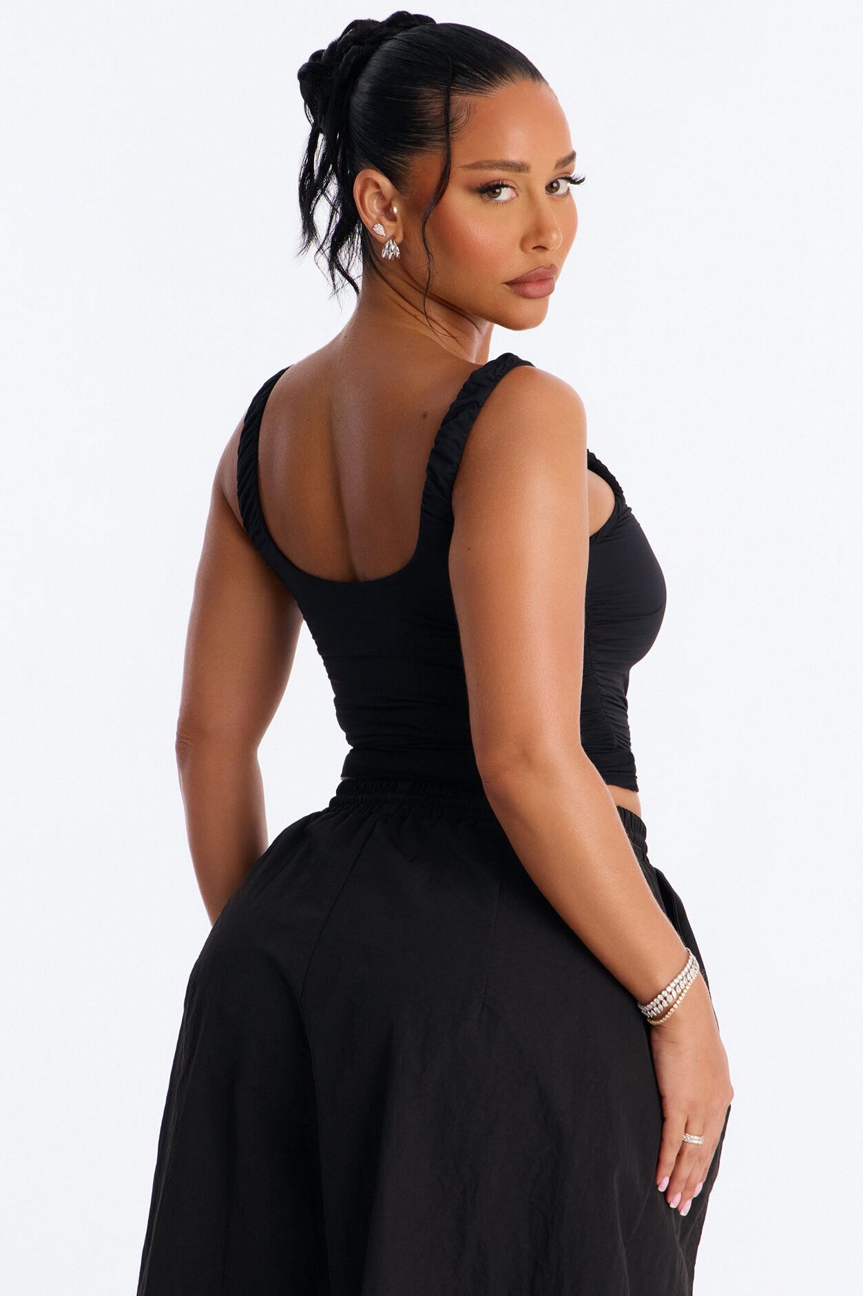 Second Skin Double Lined Scoop Neck Ruched Sleeveless Top - Black