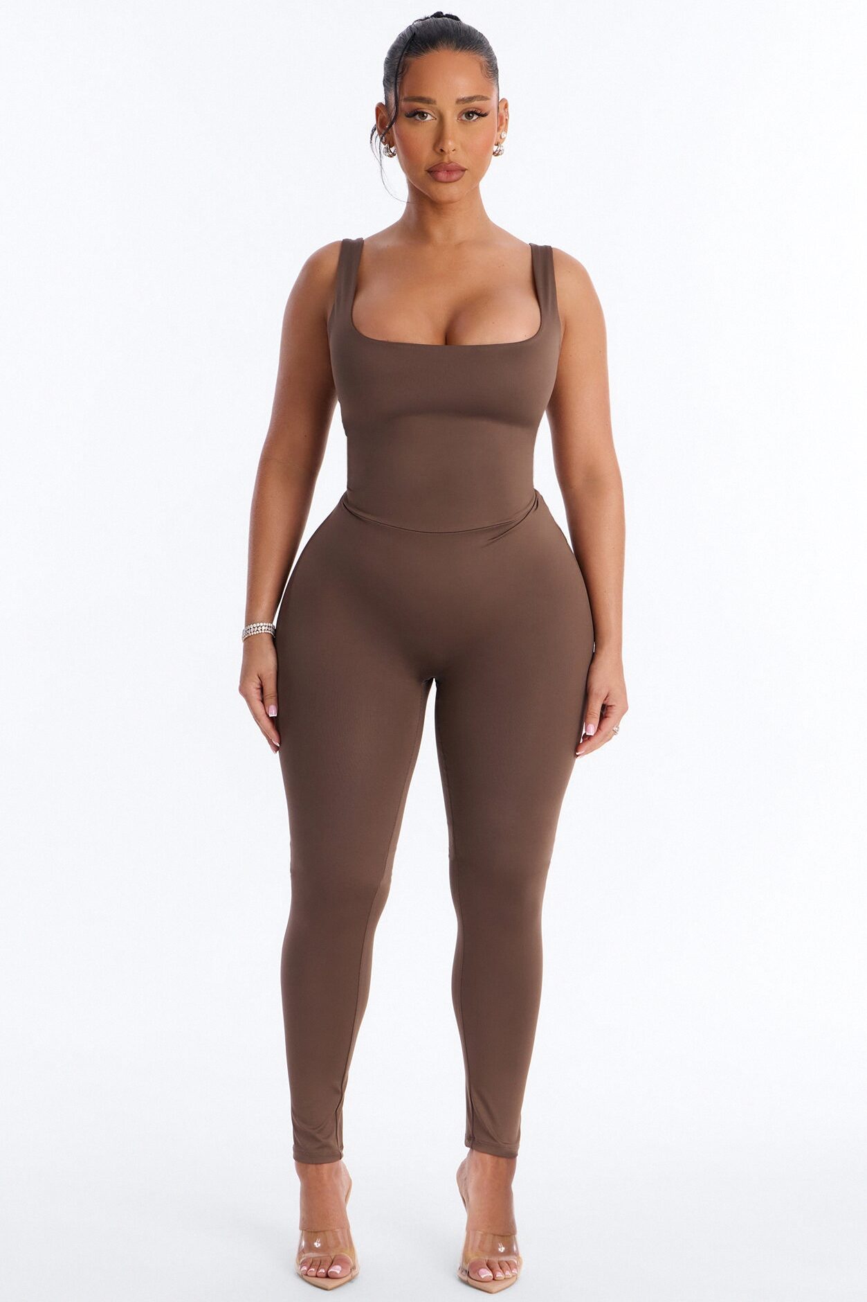 Contour Double Lined Sleeveless Square Neck Jumpsuit - Brown