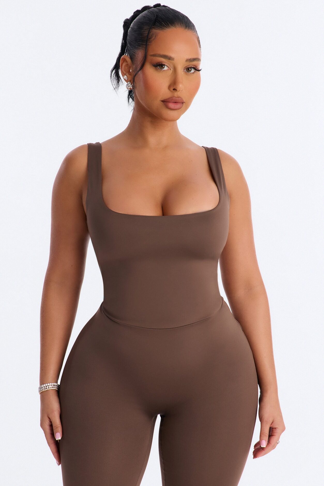 Contour Double Lined Sleeveless Square Neck Jumpsuit - Brown