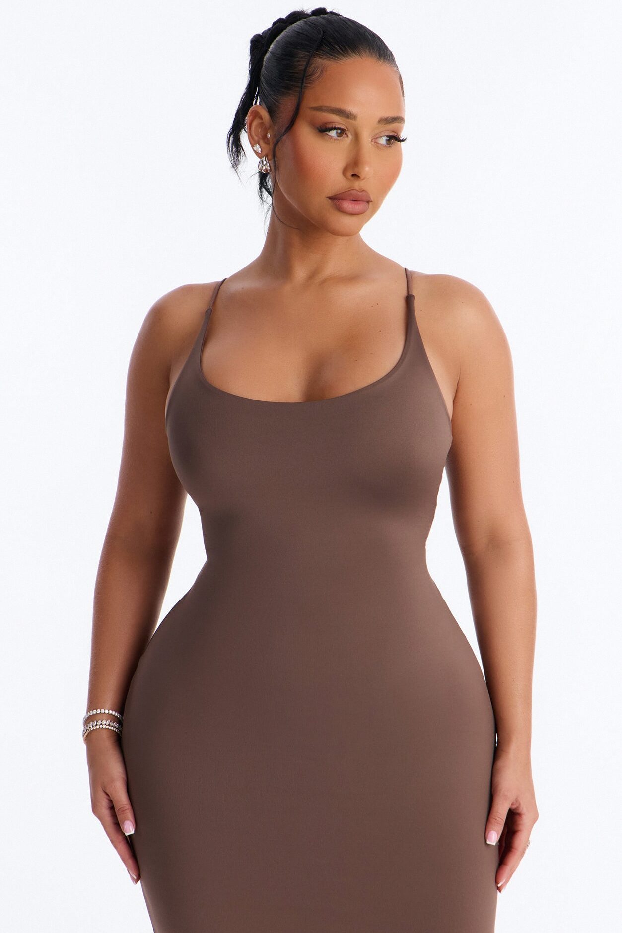 Contour Double Lined Scoop Neck Spaghetti Strap Maxi Dress - Brown