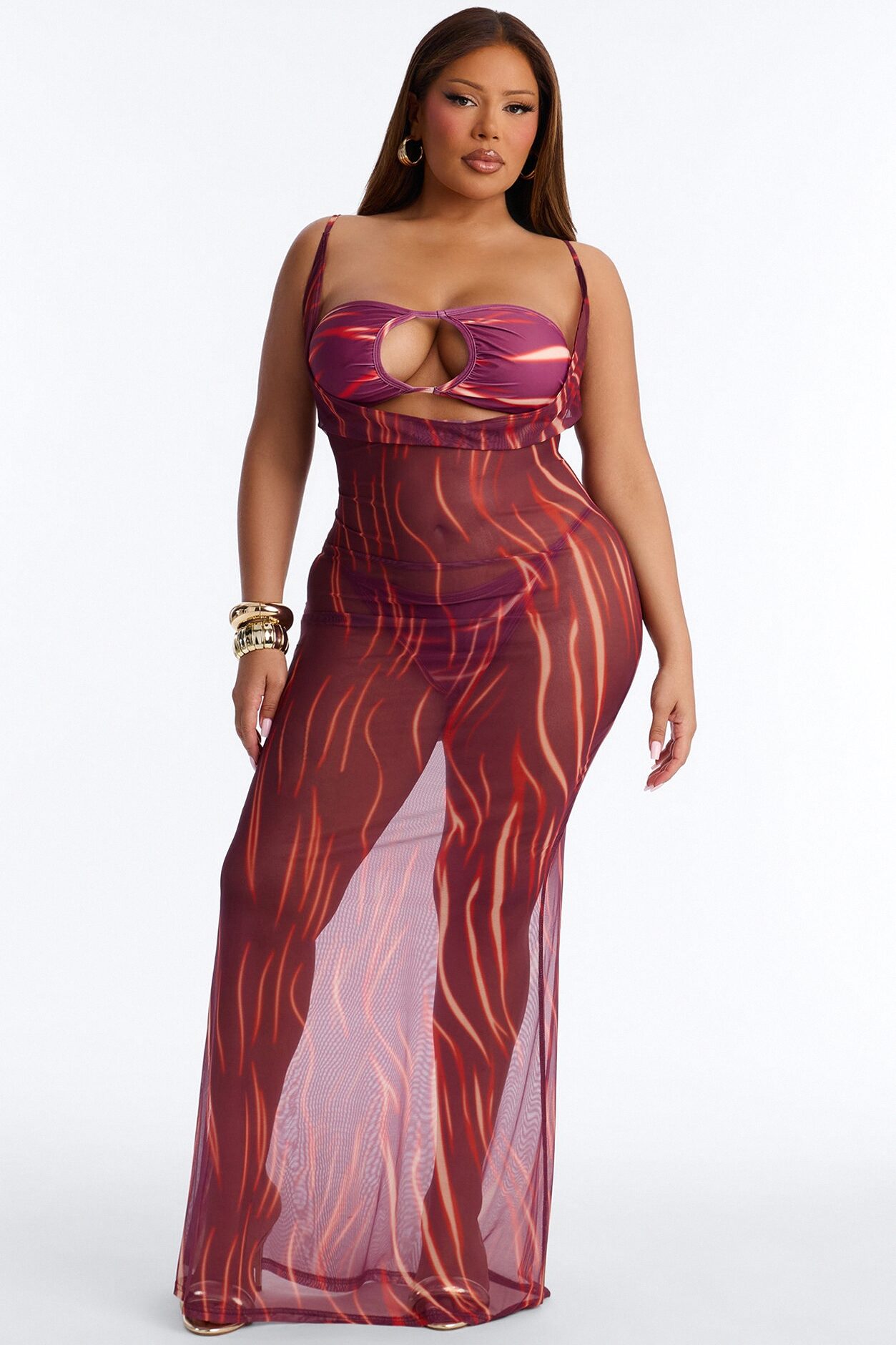 Soul On Fire 3 Piece Bandeau Bikini & Cover Up Plunge Maxi Dress - Red/combo