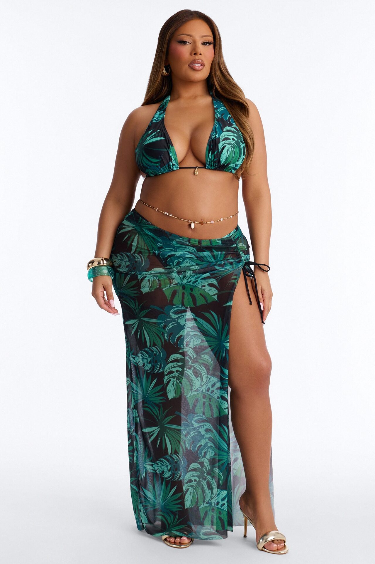 Tiki Goddess 3 Piece Triangle Bikini And Maxi Skirt Set - Green/combo