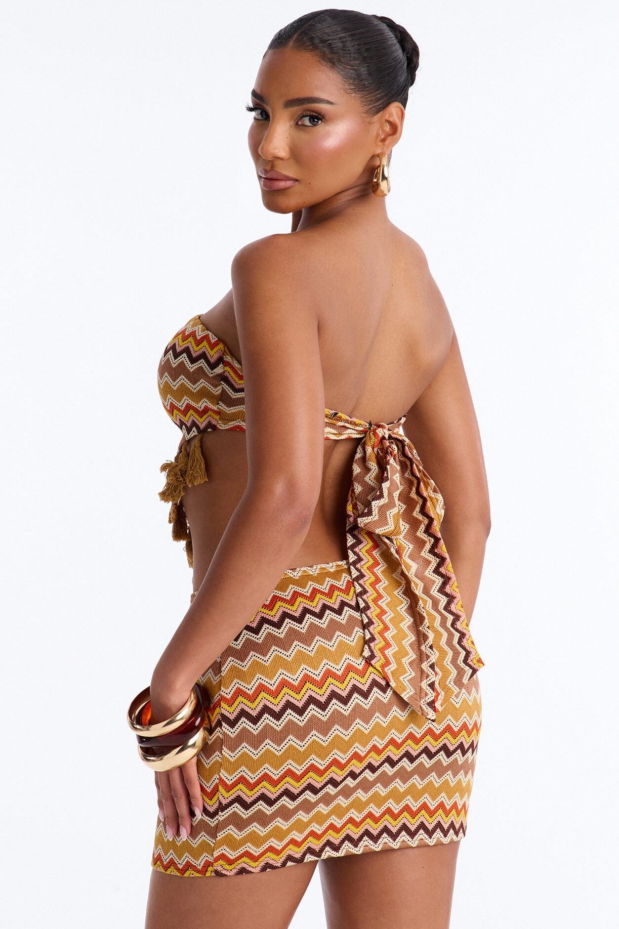 Island Hour Strapless Crochet Skirt Set - Brown/combo