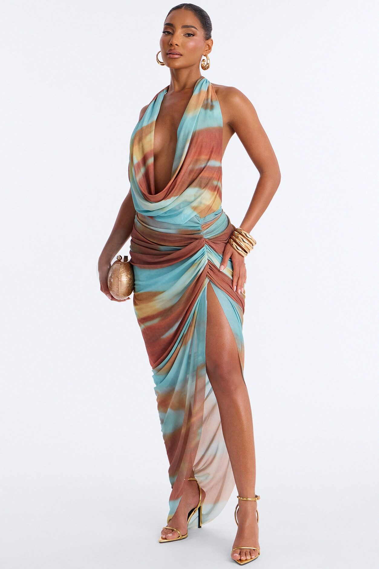 Leila Mesh Deep Cowl Maxi Dress - Teal/combo