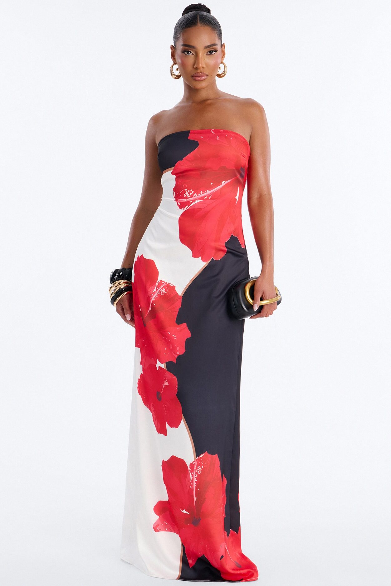 Kianna Strapless Satin Maxi Dress - Red/combo