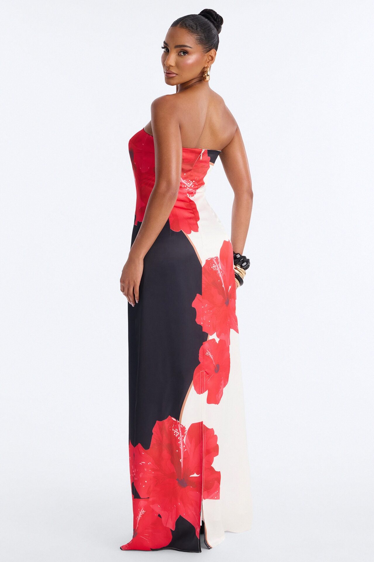 Kianna Strapless Satin Maxi Dress - Red/combo
