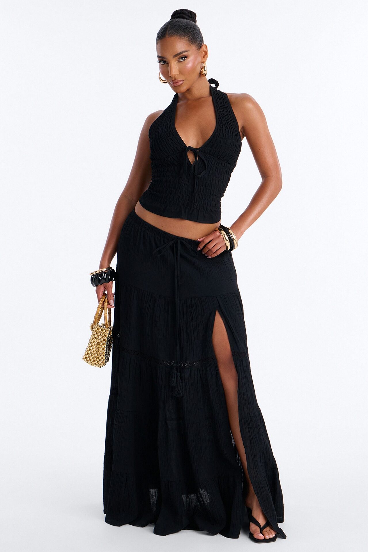 Bohemian Bliss Tiered Gauze Maxi Skirt - Black