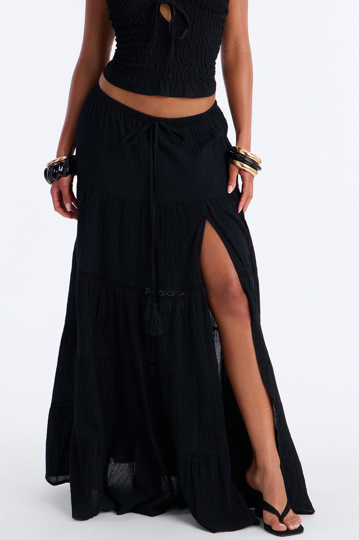 Bohemian Bliss Tiered Gauze Maxi Skirt - Black