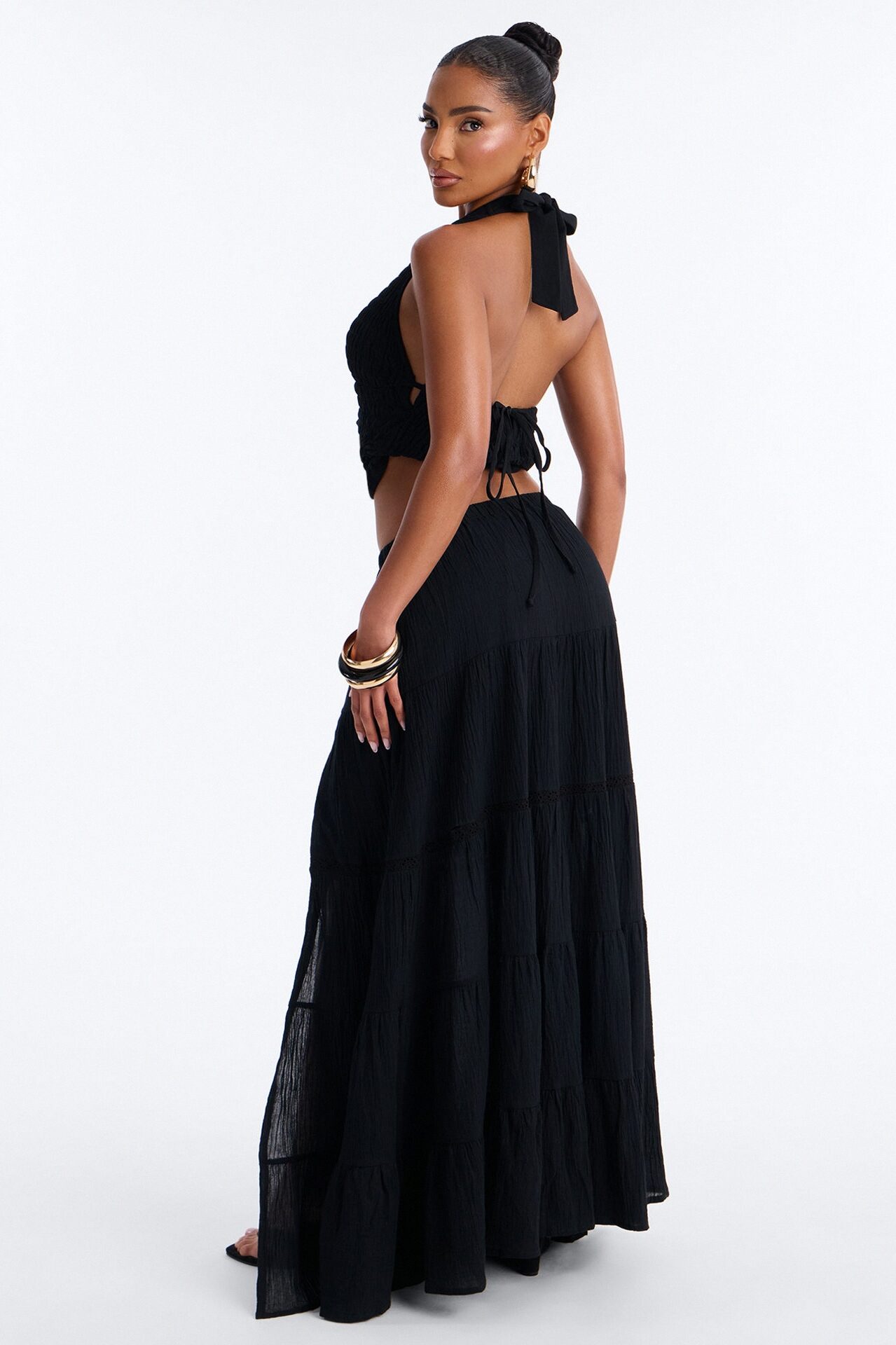 Bohemian Bliss Tiered Gauze Maxi Skirt - Black