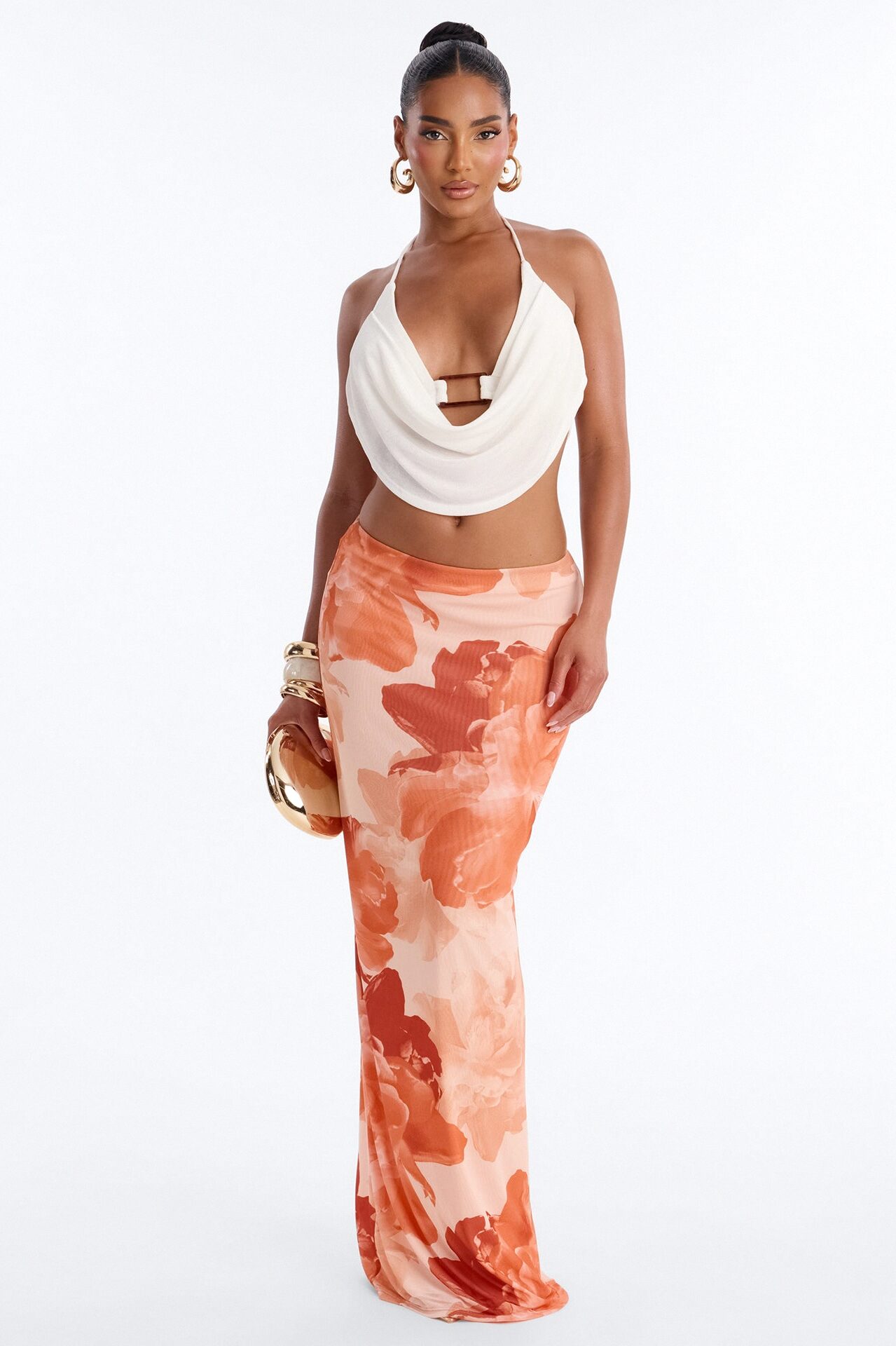 Midnight Bloom Mesh Maxi Skirt - Orange/combo