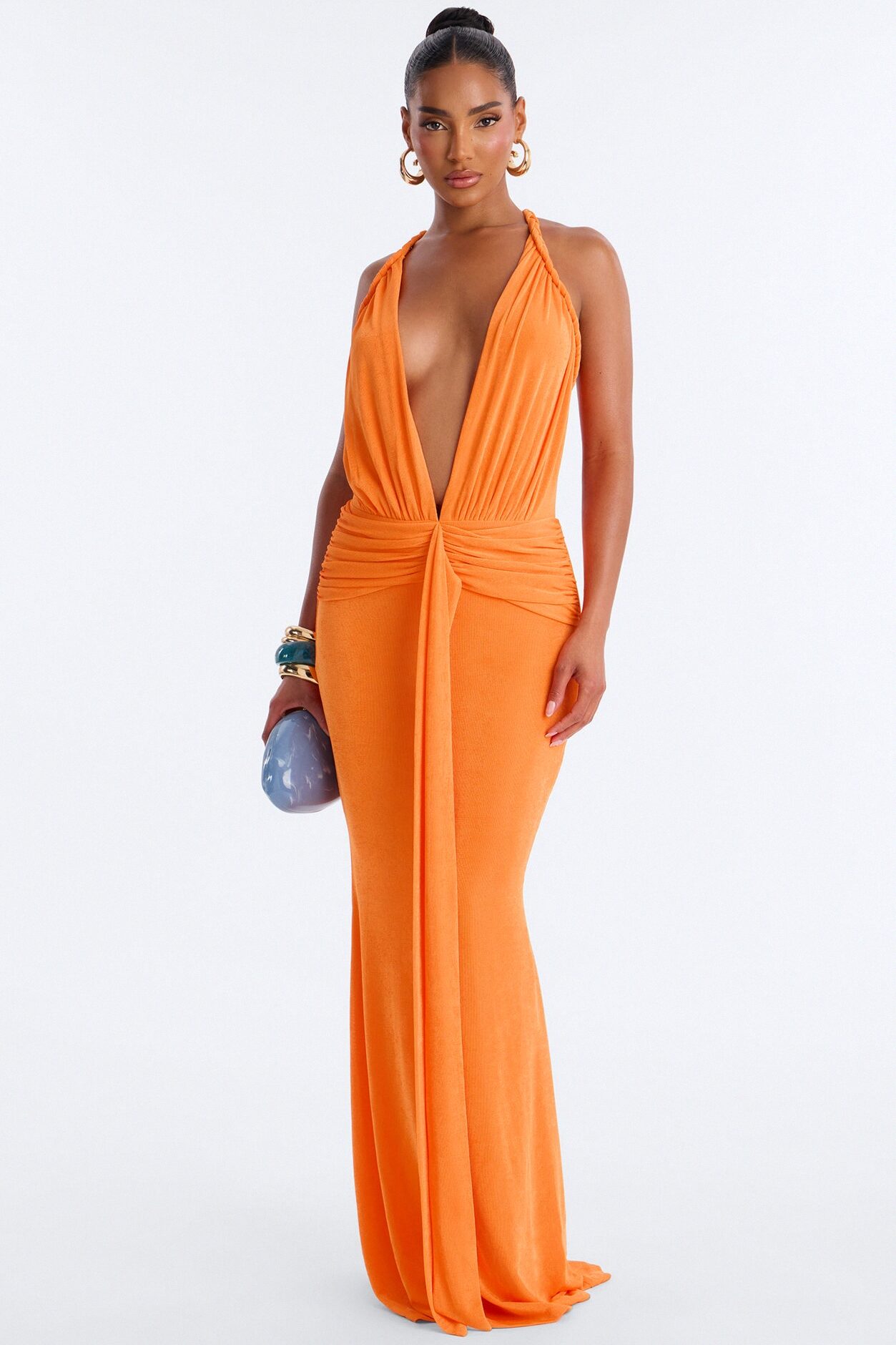 No Budget Braided Slinky Maxi Dress - Neon Orange