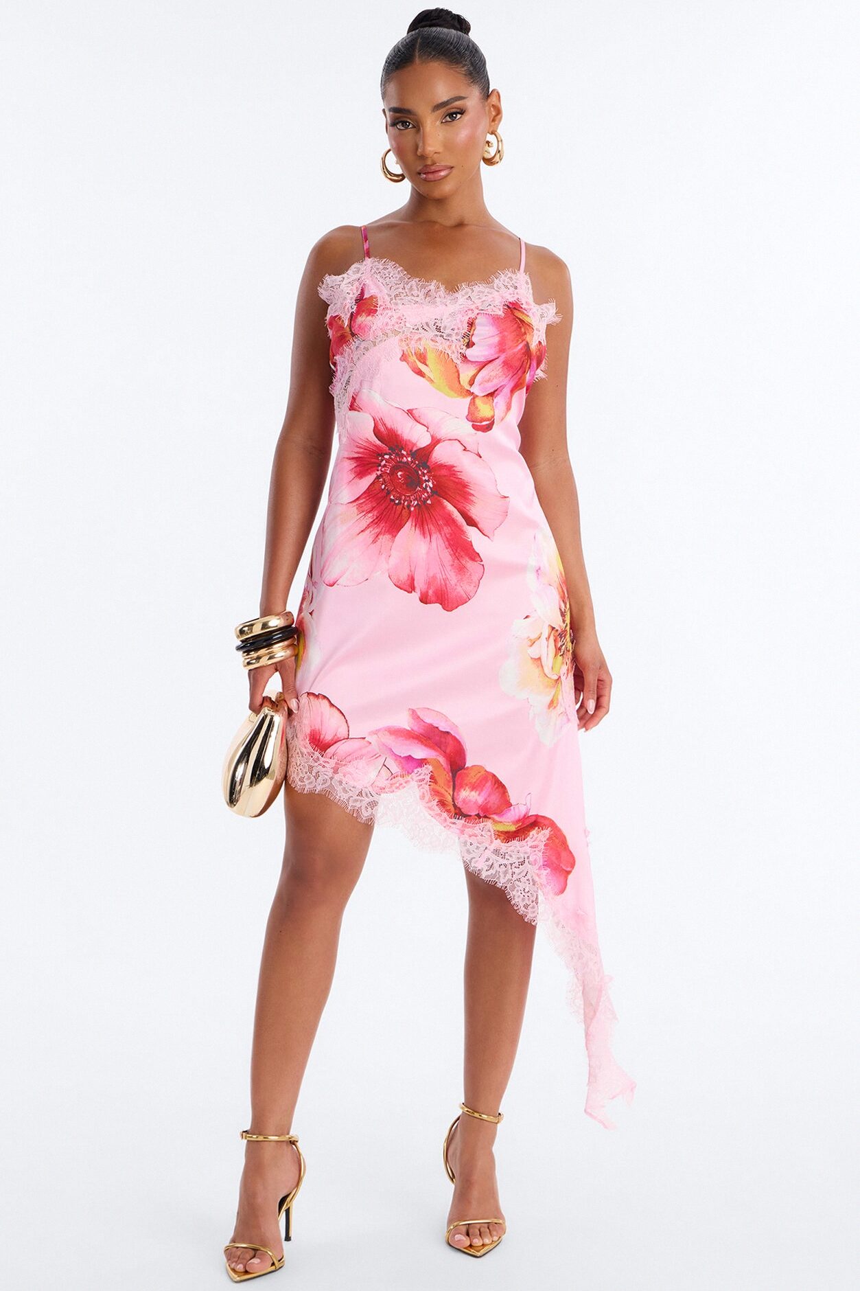 Emery Floral Satin Midi Dress - Pink
