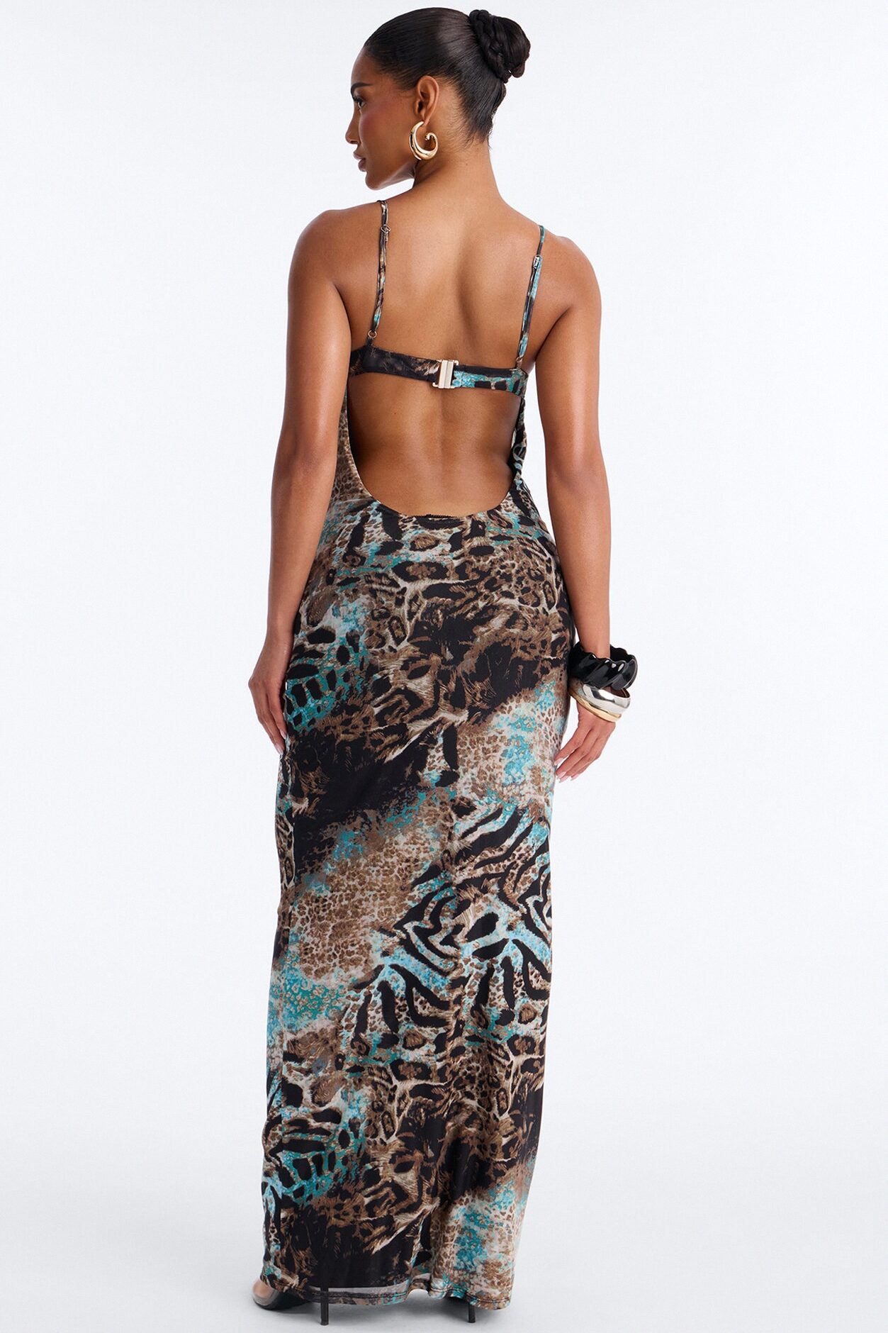 Portia Cut Out Mesh Maxi Dress - Brown/combo