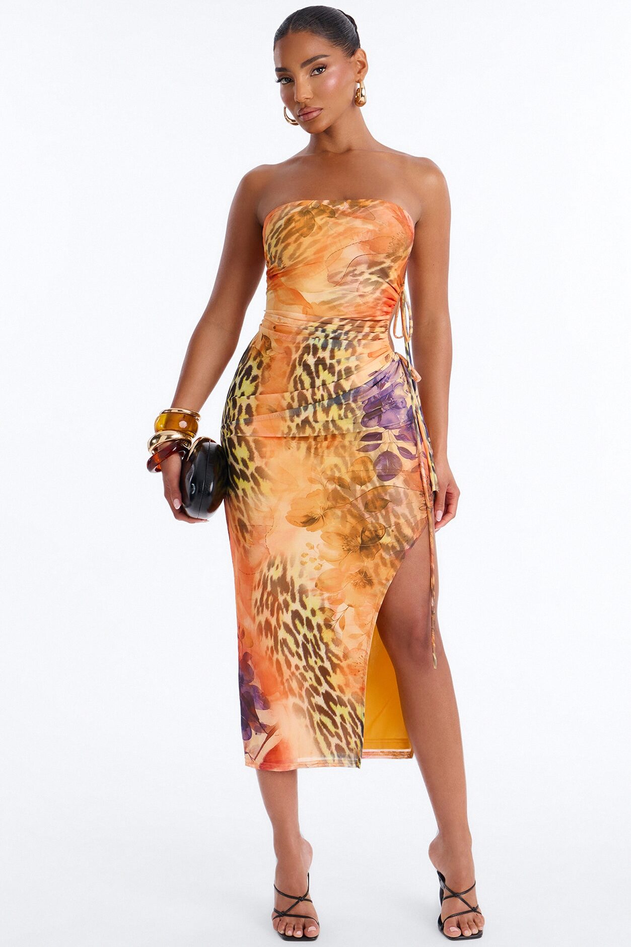 Kala Animal Mesh Midi Dress - Orange/combo