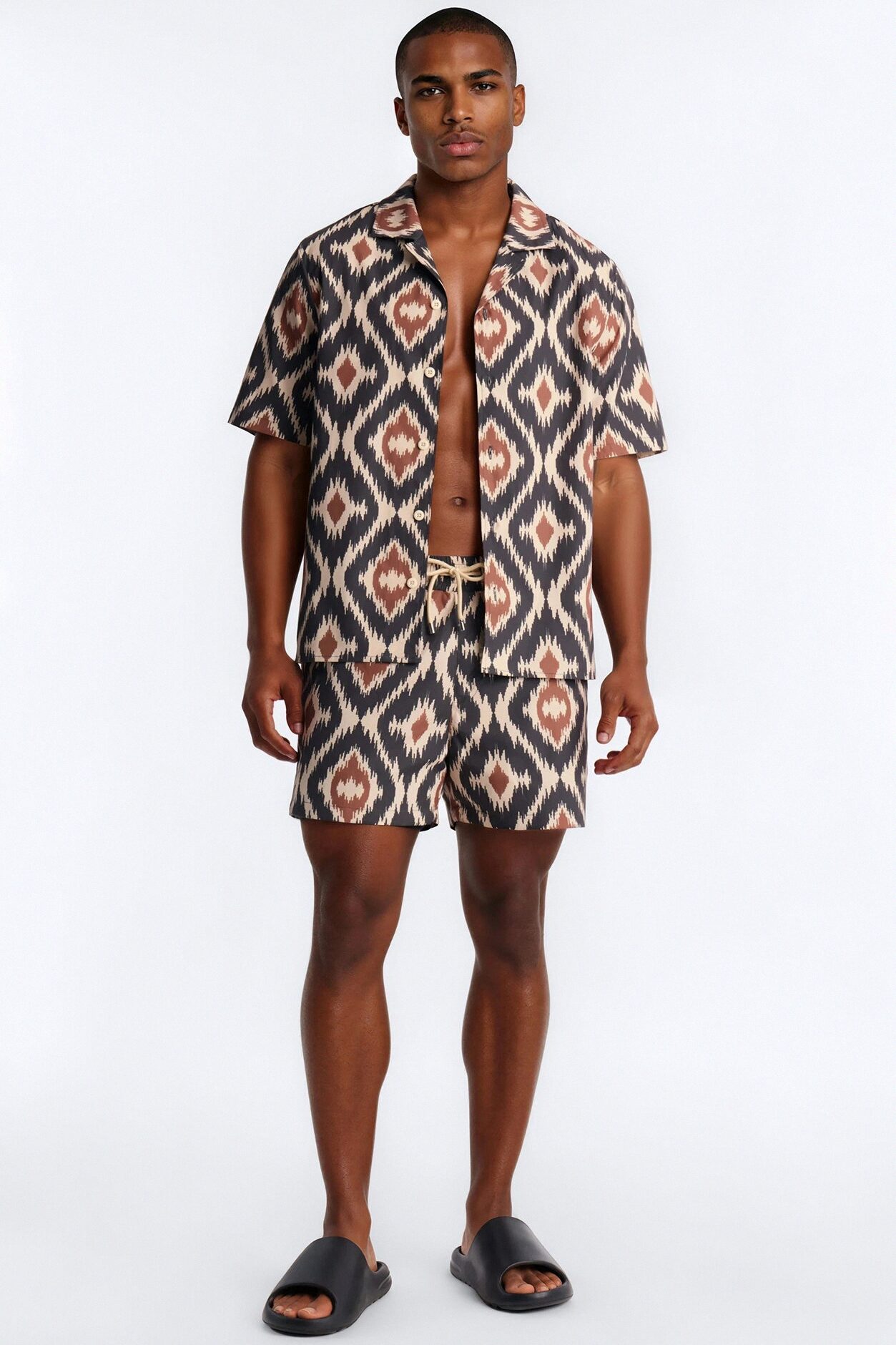Relaxed Geometric Sahara Cuban Collar Button Up Shirt - Black/Brown