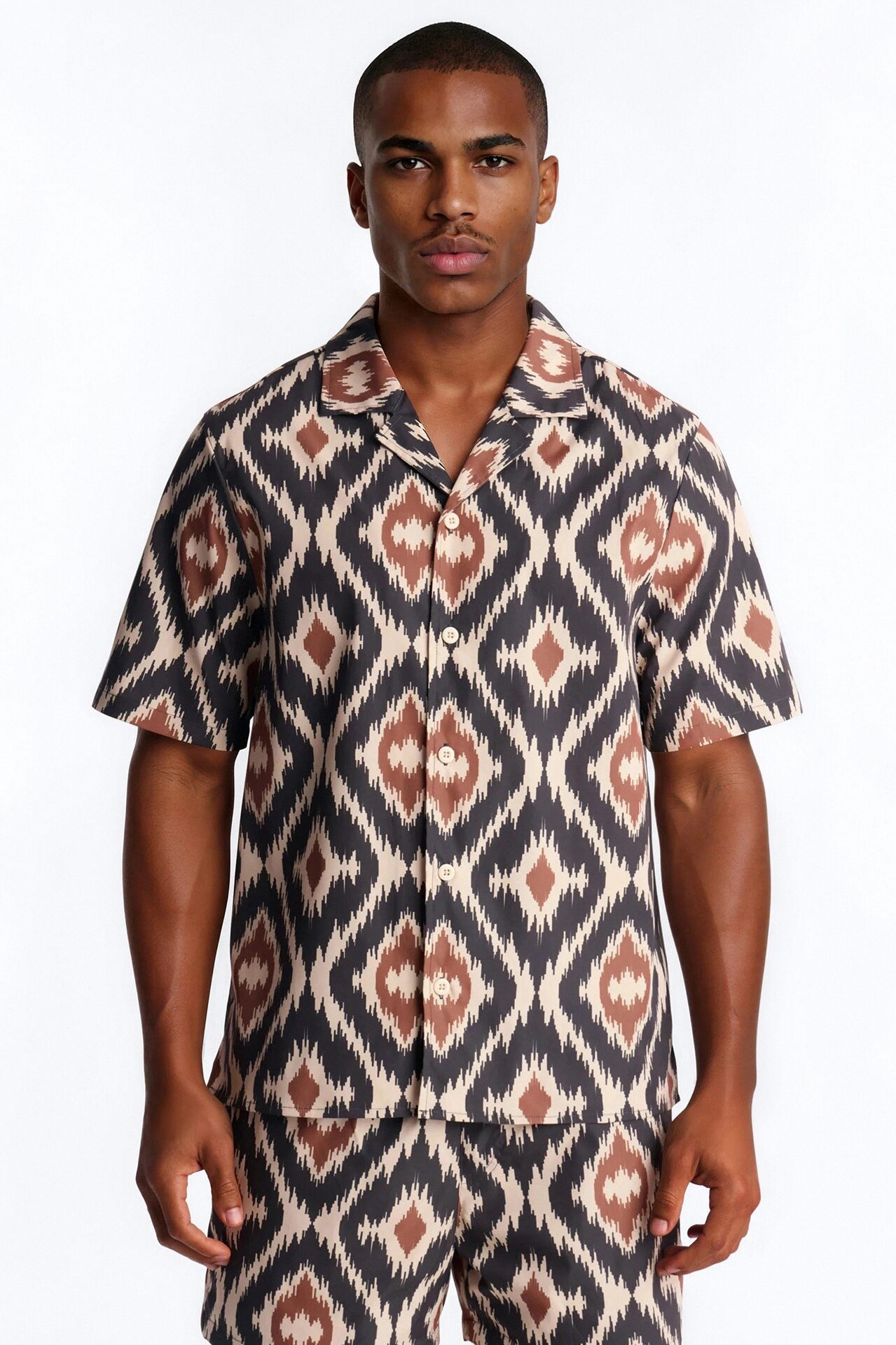 Relaxed Geometric Sahara Cuban Collar Button Up Shirt - Black/Brown