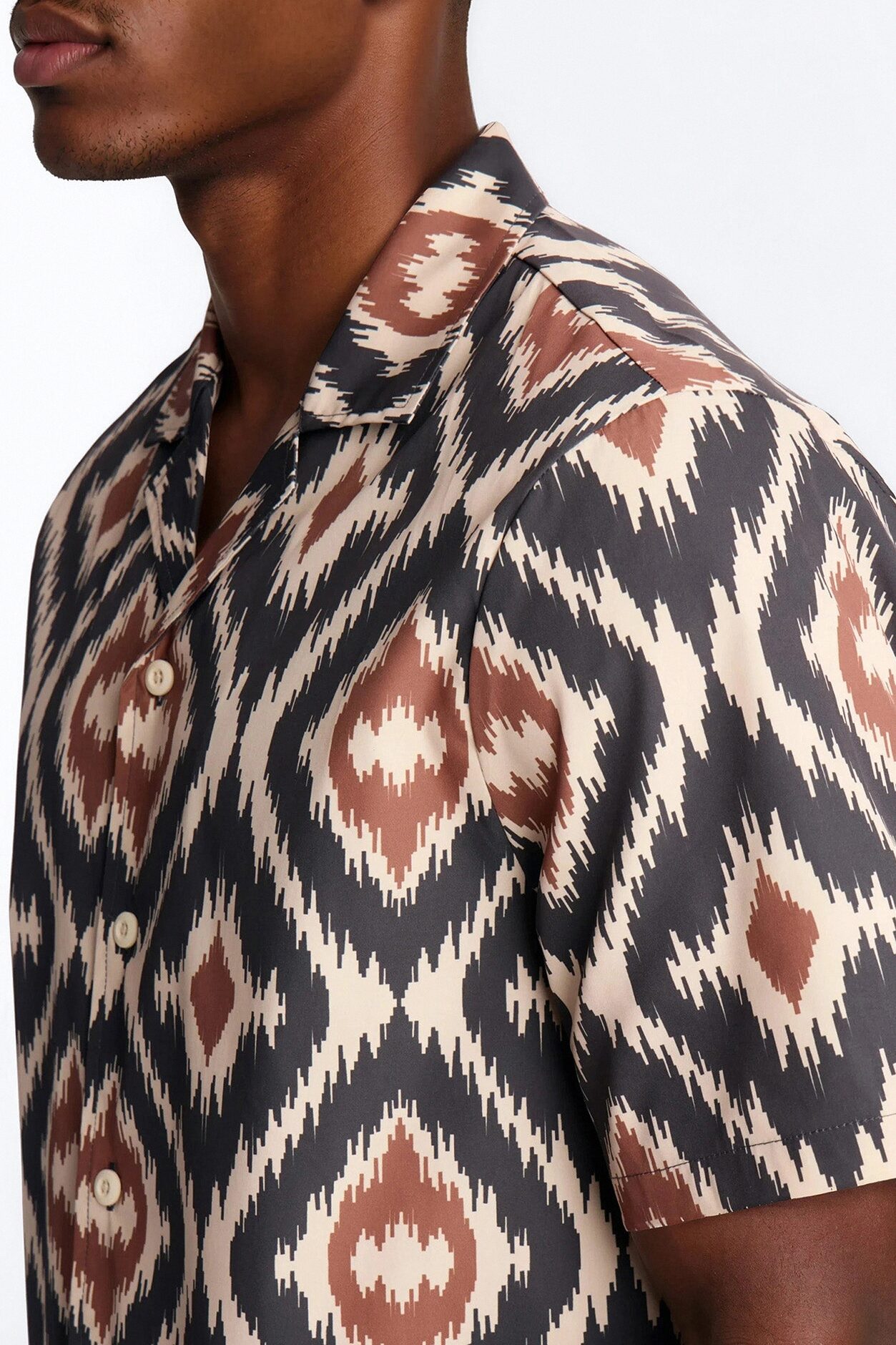 Relaxed Geometric Sahara Cuban Collar Button Up Shirt - Black/Brown